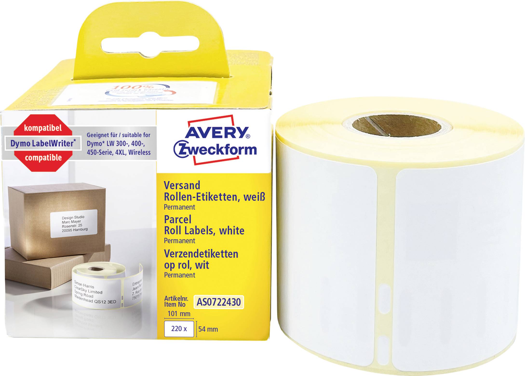 Avery-Zweckform Rol met etiketten Compatibel vervangt DYMO, Seiko 99014, S0722430 101 x 54 mm Papier Wit 220 stuk(s) Permanent hechtend Verzendetiketten