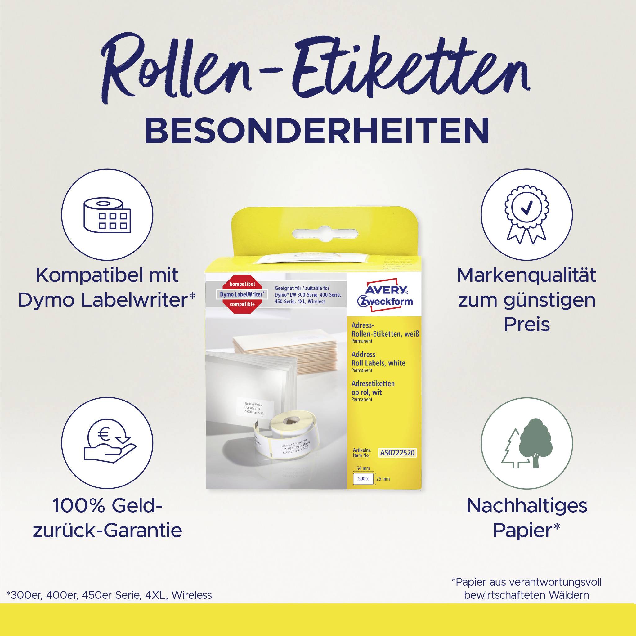 DOREE Etiketten Rollen 25x54mm - Kompatibel Mit Dymo LabelWriter 500 Stück Pro Rolle