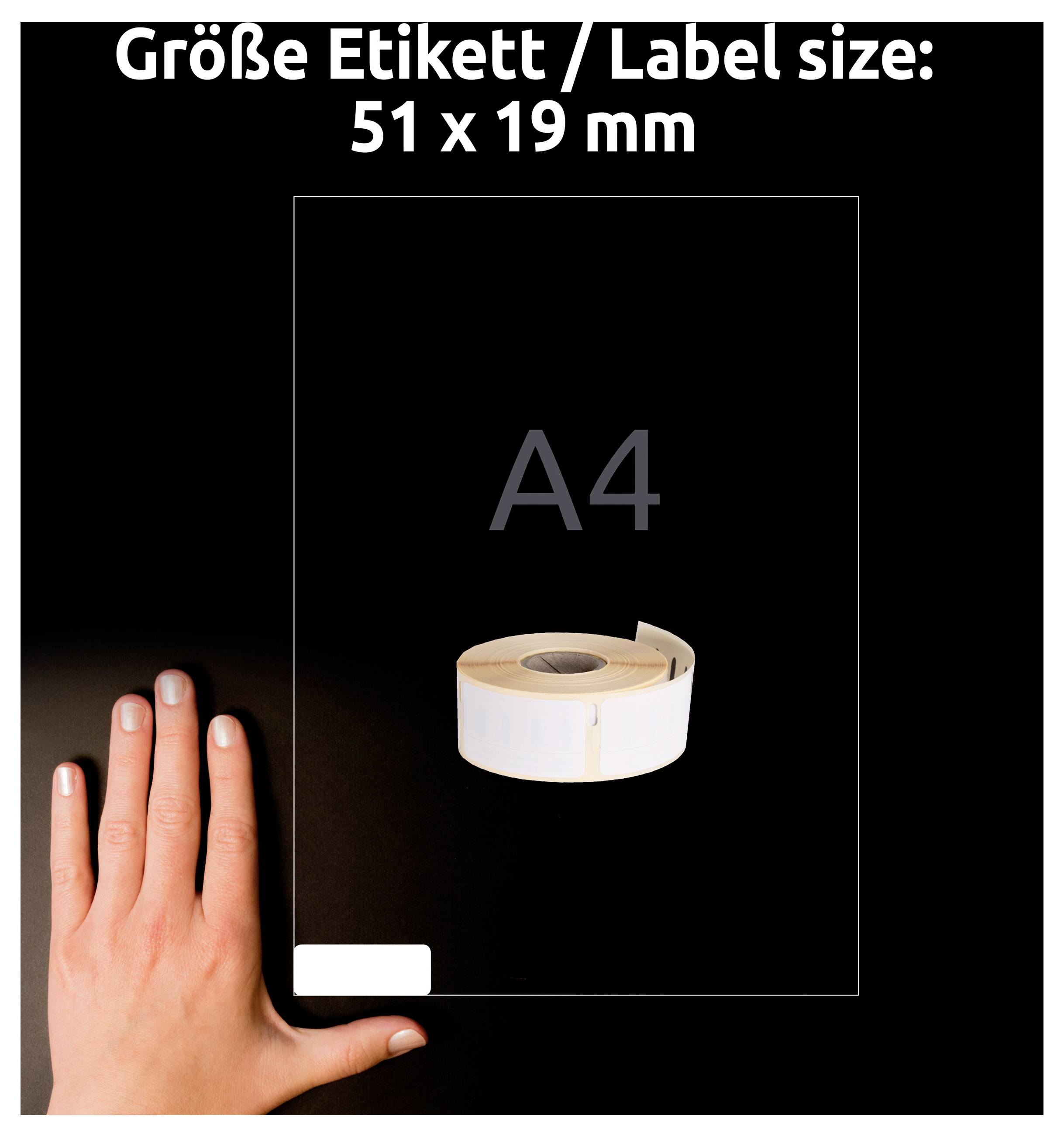 Advertentieafbeelding van een etiket: 'Etiketgrootte/Label size: 51 x 19 mm', A4-vergelijking met etiketrol en hand voor grootteoriëntatie.