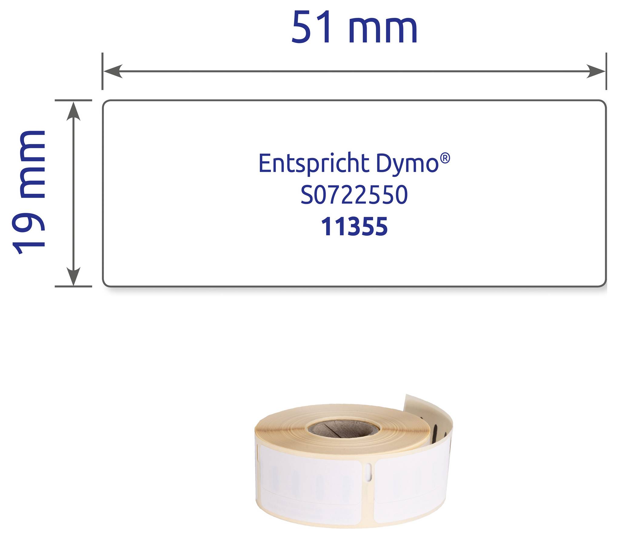 Etikettenrol voor Dymo: rechthoekige etiketten 51 mm breed en 19 mm hoog, met opdruk 'Komt overeen met Dymo® S0722550 11355'.