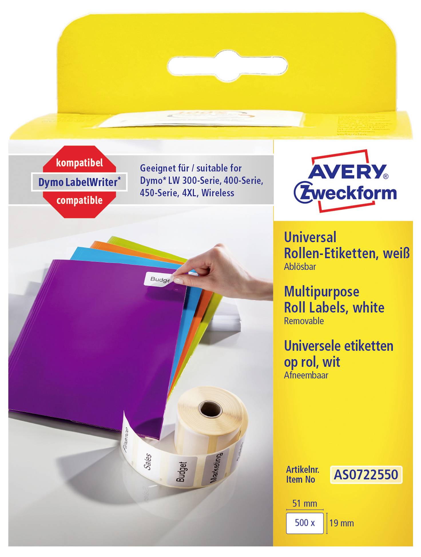 Avery Zweckform universele witte rouletiquettes voor Dymo LabelWriter-printers, met afbeelding van een hand die een etiket van gekleurde etikettenblaadjes afpelt en een rol met etiketten.