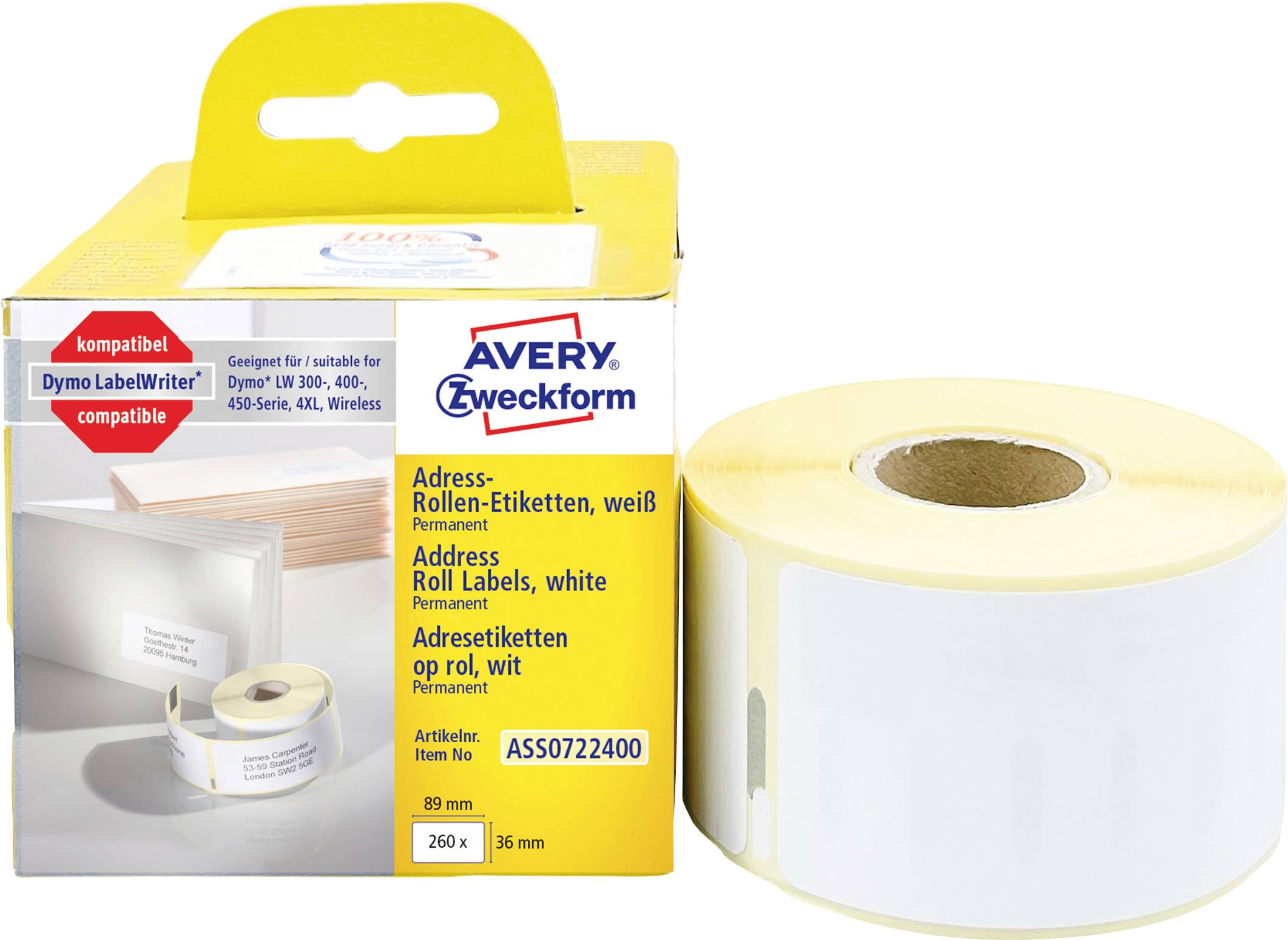 Avery Zweckform witte adresetiket rol in verpakking, compatibel met Dymo LabelWriter, 260 x 36 mm, 500 etiketten.