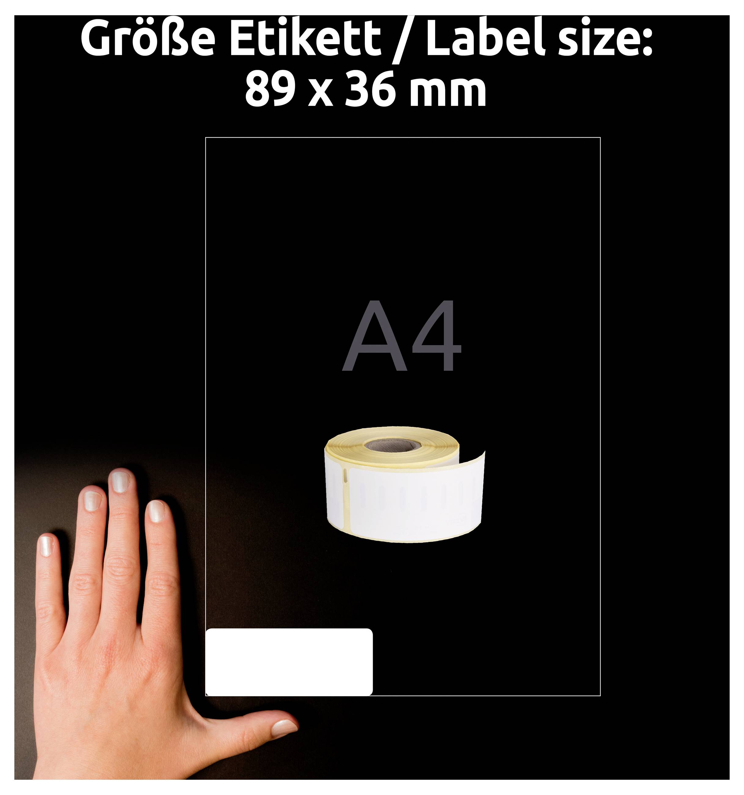 Afbeelding toont een etiketrollen op een A4-patroon; bovenaan staat 'Grootte etiket/Label size: 89 x 36 mm', linksonder dient een hand als groottewijzing.