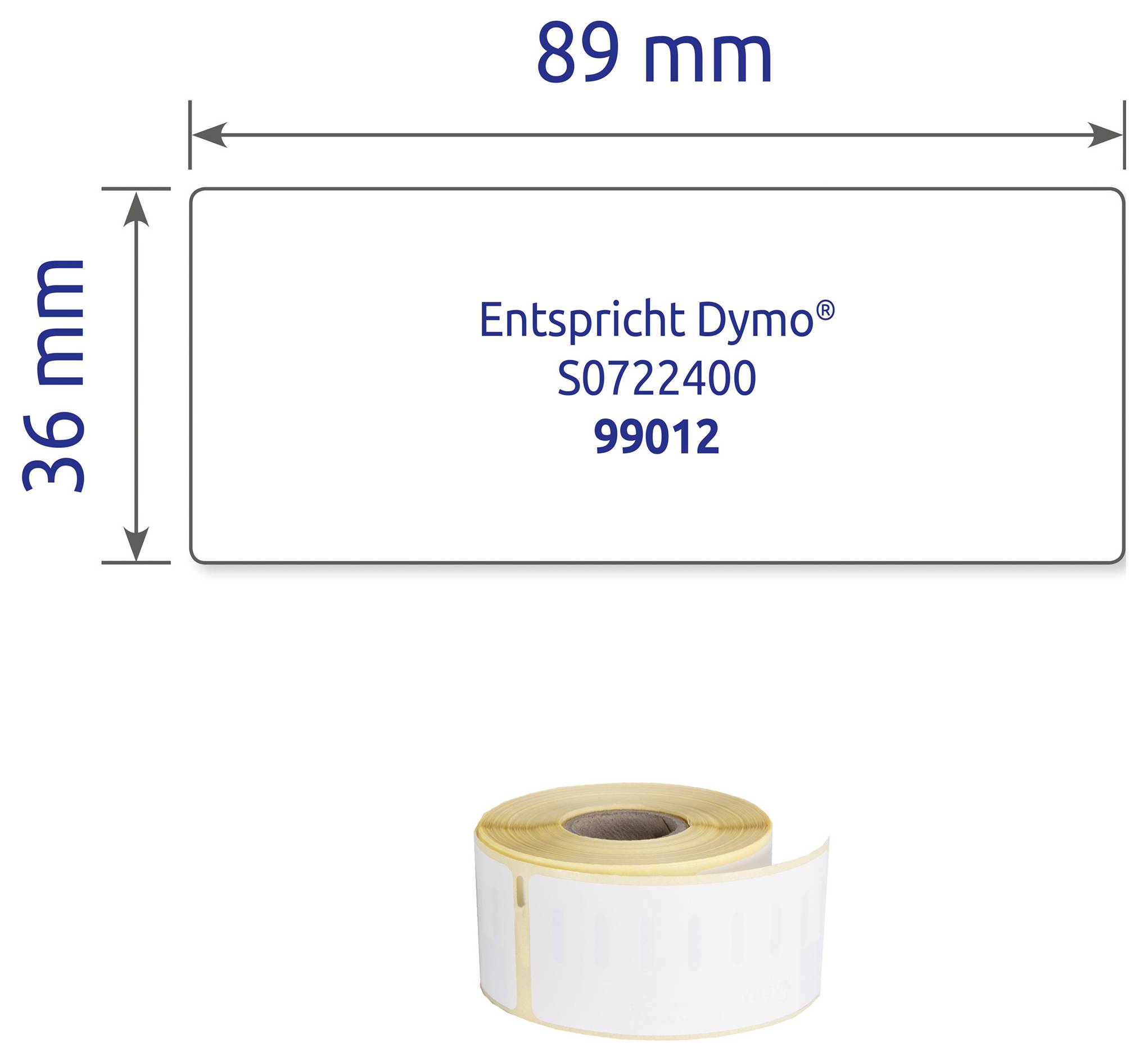 Etiketten-rol met witte sticker; bovenaan maatschets 89 mm × 36 mm en tekst 'Komt overeen met Dymo® S0722400 99012'.
