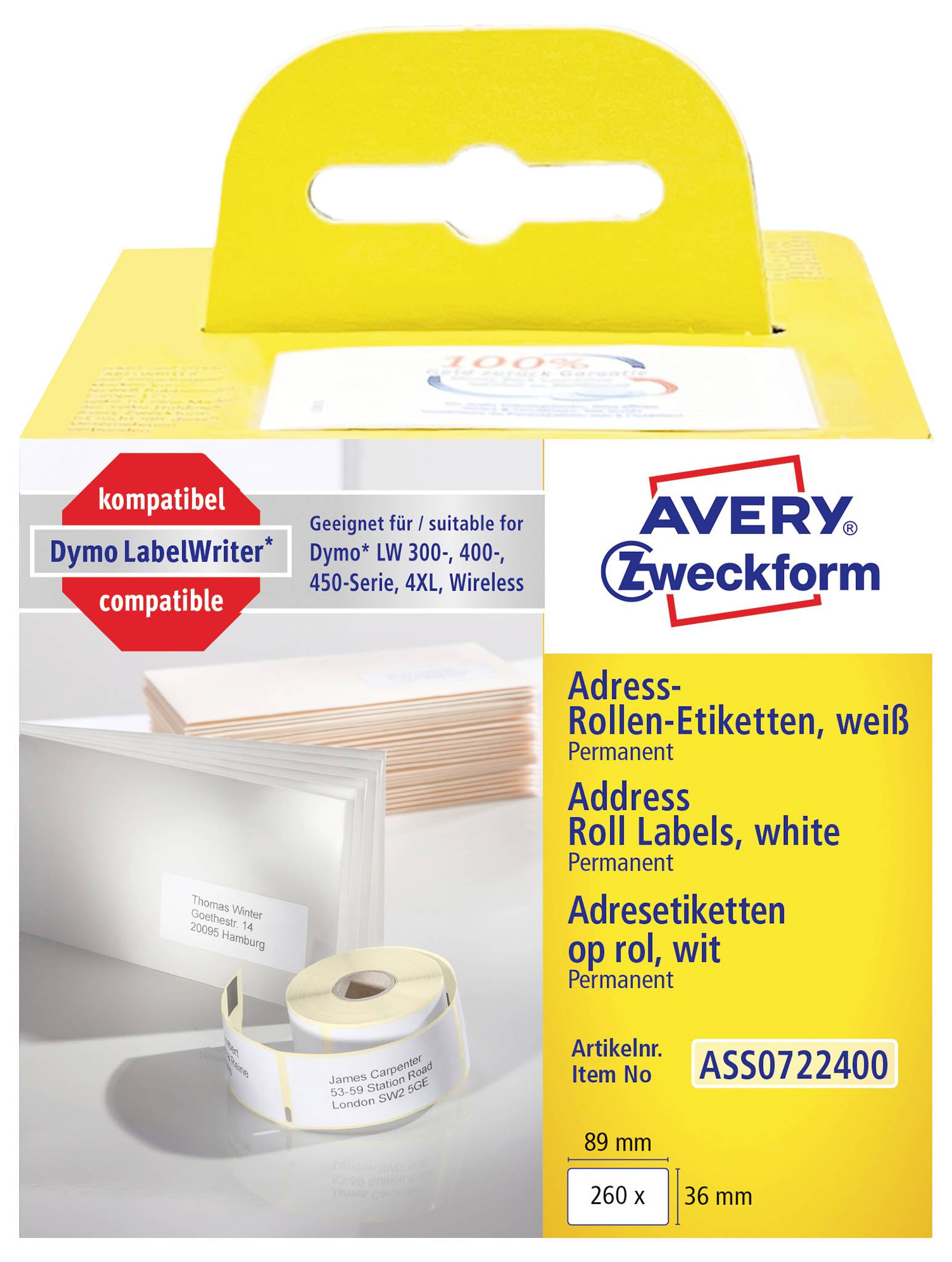 Avery Zweckform doos met witte permanente adresetiketten op rol, compatibel met Dymo LabelWriter printers, 89 mm x 36 mm, 260 etiketten