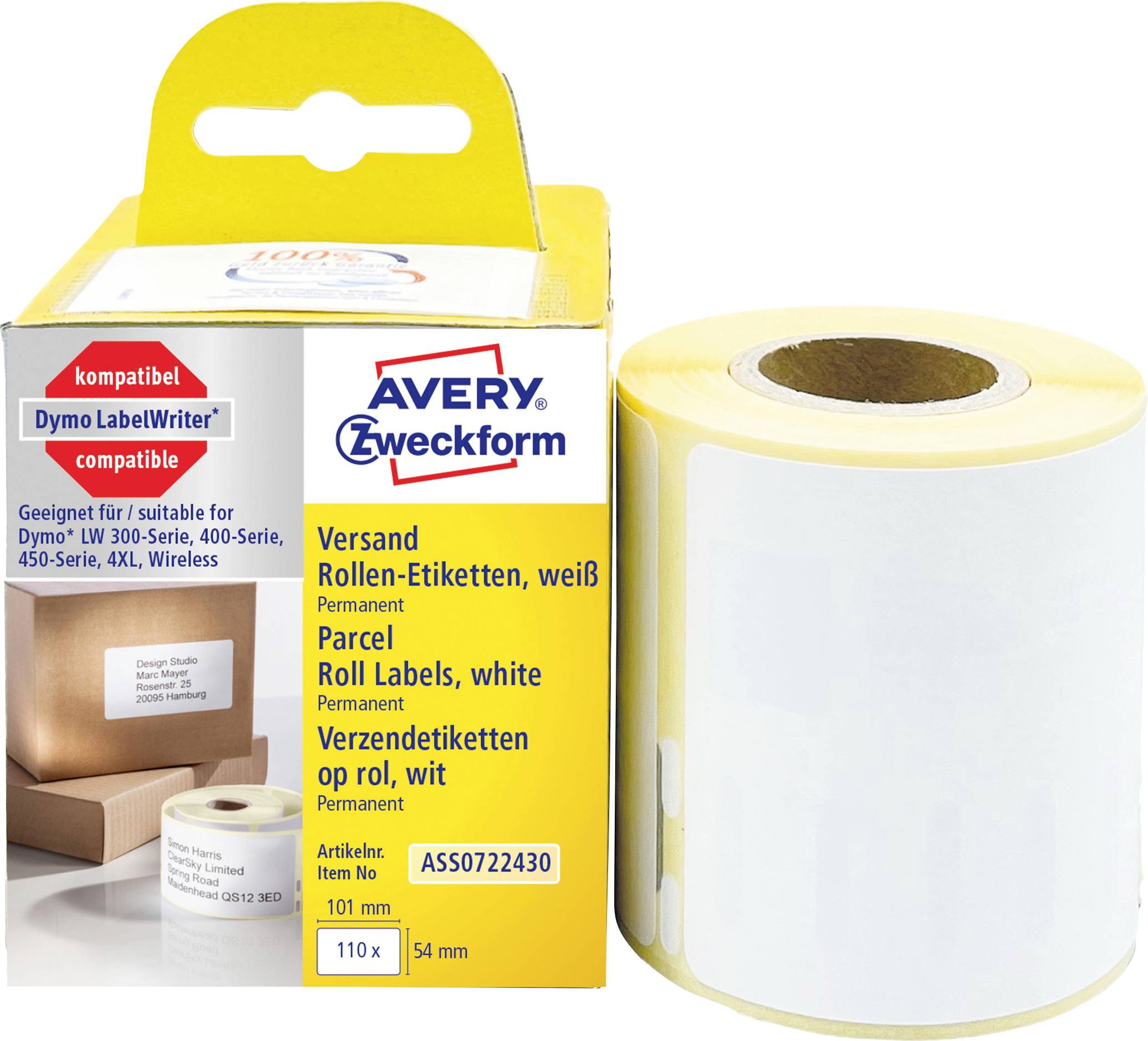 Witte Avery Zweckform permanente rololabels in verpakkingsdoos naast een grote rol blanco labels, weergegeven met productcompatibiliteit en groottedetails.