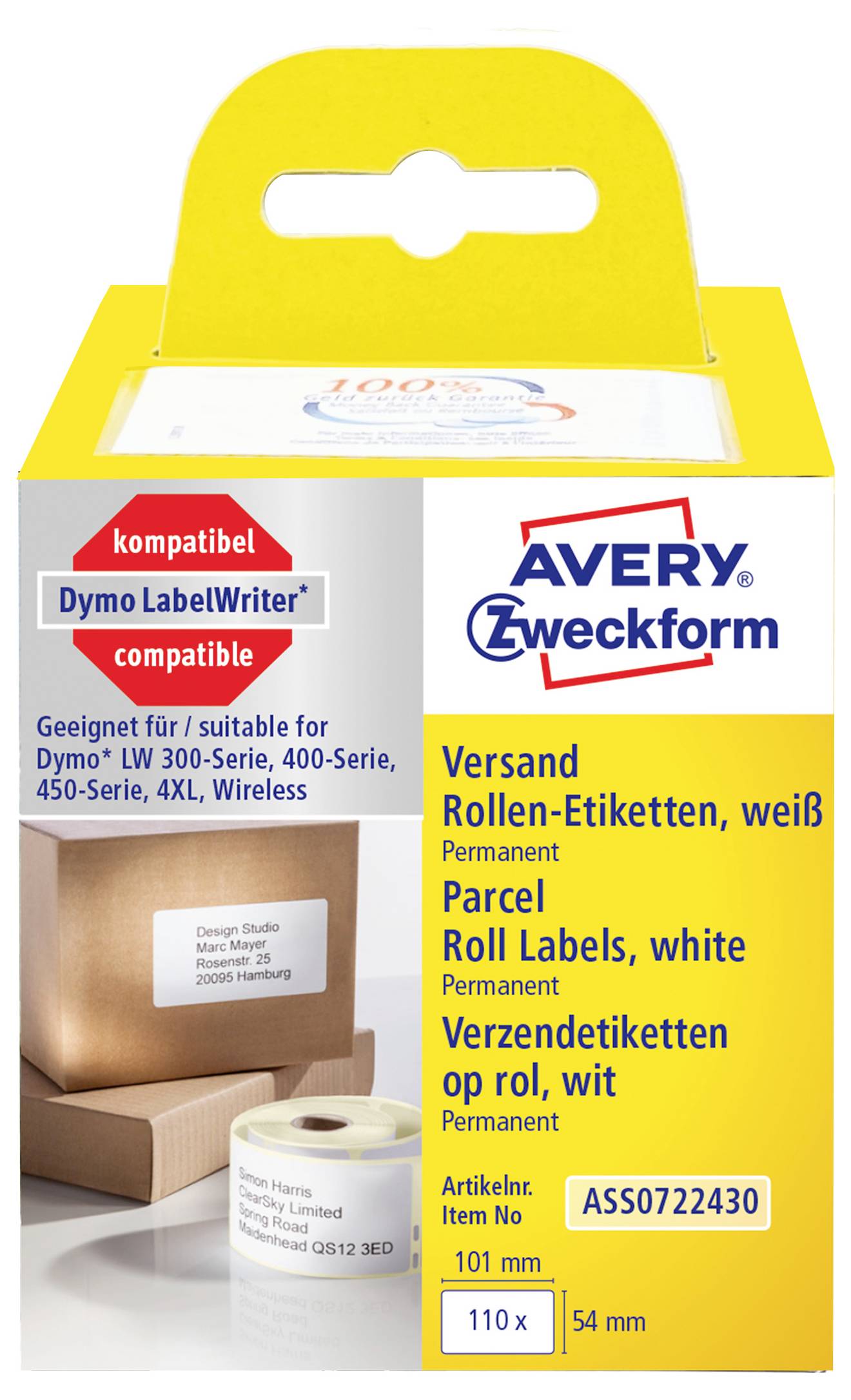 Avery Zweckform witte permanente pakketrol etiketten pakket voor Dymo LabelWriter, 110 x 54 mm, 110 etiketten.