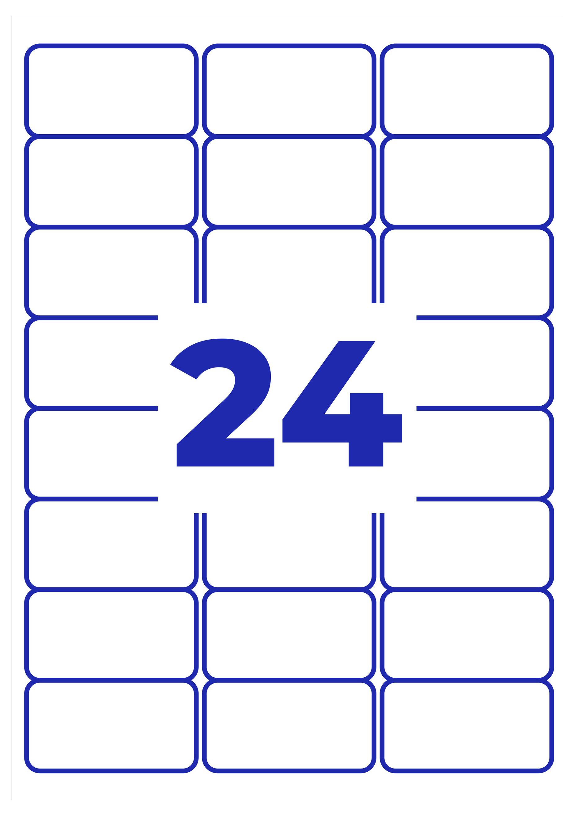 Avery-achtig etikettenblad met 24 lege rechthoekige etiketten, groot blauw getal '24' in het midden.