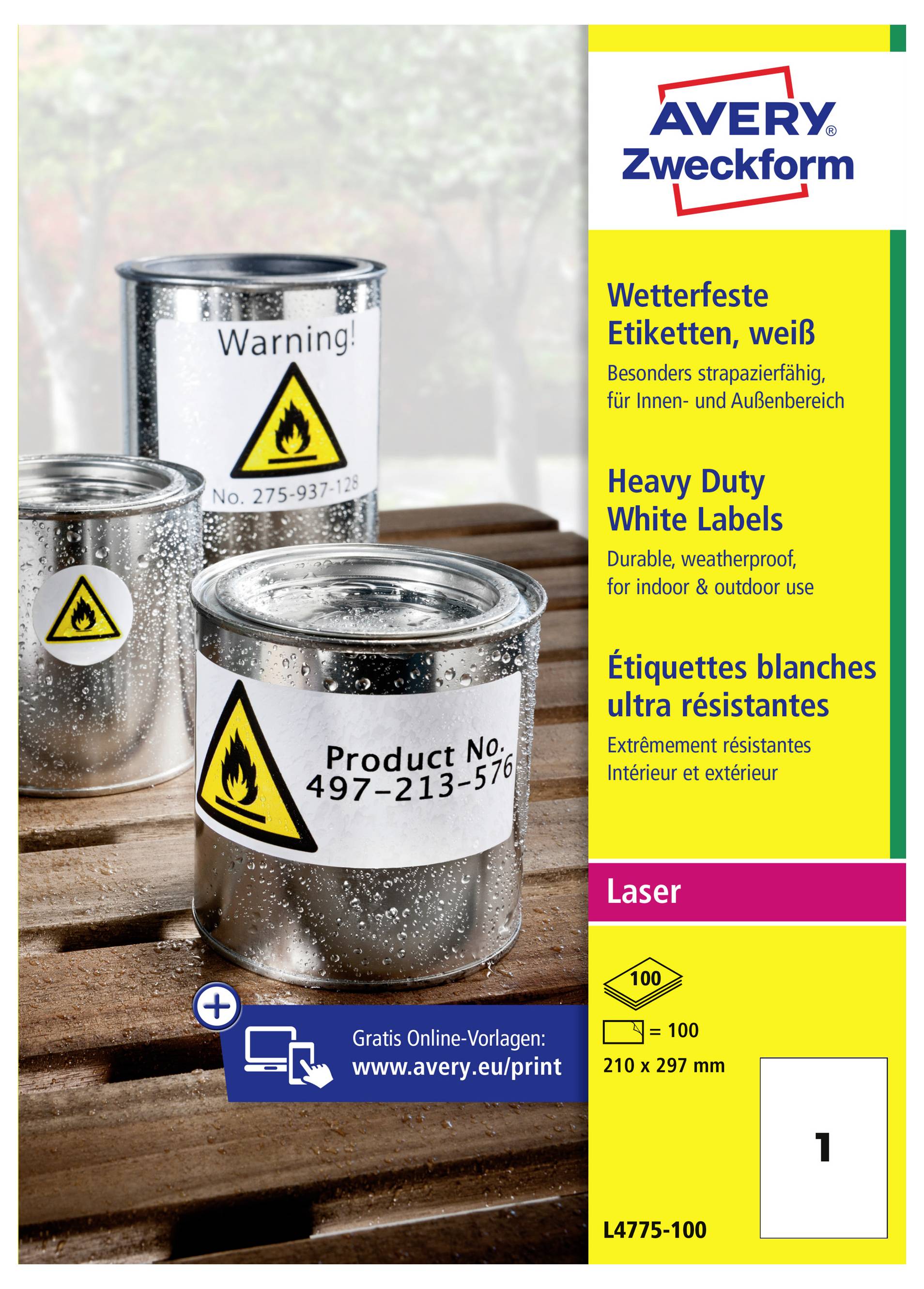 Avery Zweckform zware uitvoering witte etiketten voor laserprinters; water- en weerbest­endige etiketten afgebeeld op verfblikken, met productcode L4775-100.
