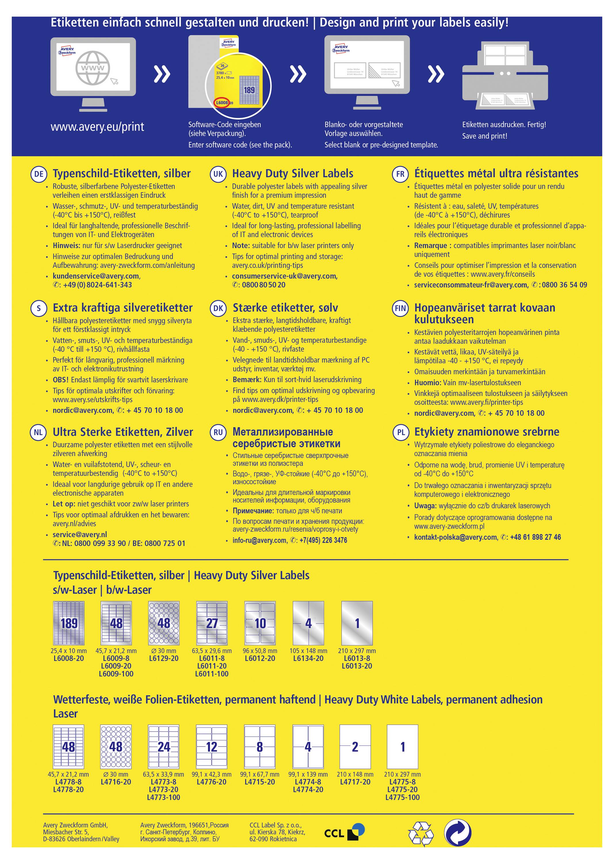 Avery-Zweckform L6009-100 Etiketten voor typeplaatjes 45.7 x 21.2 mm Polyester folie Zilver 4800 stuk(s) Permanent hecht-9