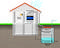 'Huis met regenwaterreservoir' toont een systeem voor regenwatergebruik. De niveauregulator stuurt de pomp en vlotterschakelaar in het reservoir.