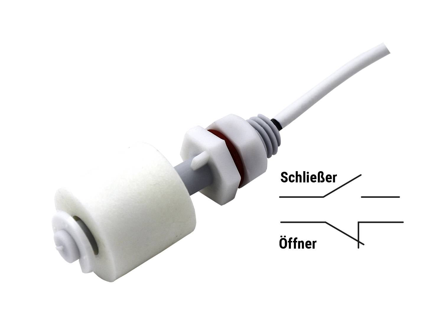 Een witte vlotterschakelaar met kabel. Naast een diagram dat de aansluitingen voor sluiter en opener weergeeft.