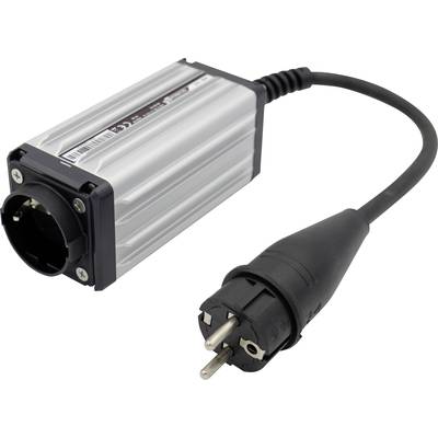 'Elektrische adapter: rechthoekige behuizing met zwarte Europese stekker en kabel, geschikt voor stroomaansluitingsconversies.'