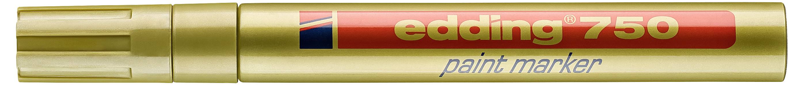 Gouden Edding 750 verfmarkerstift met rood label en blauwe dop, horizontaal weergegeven op een witte achtergrond.