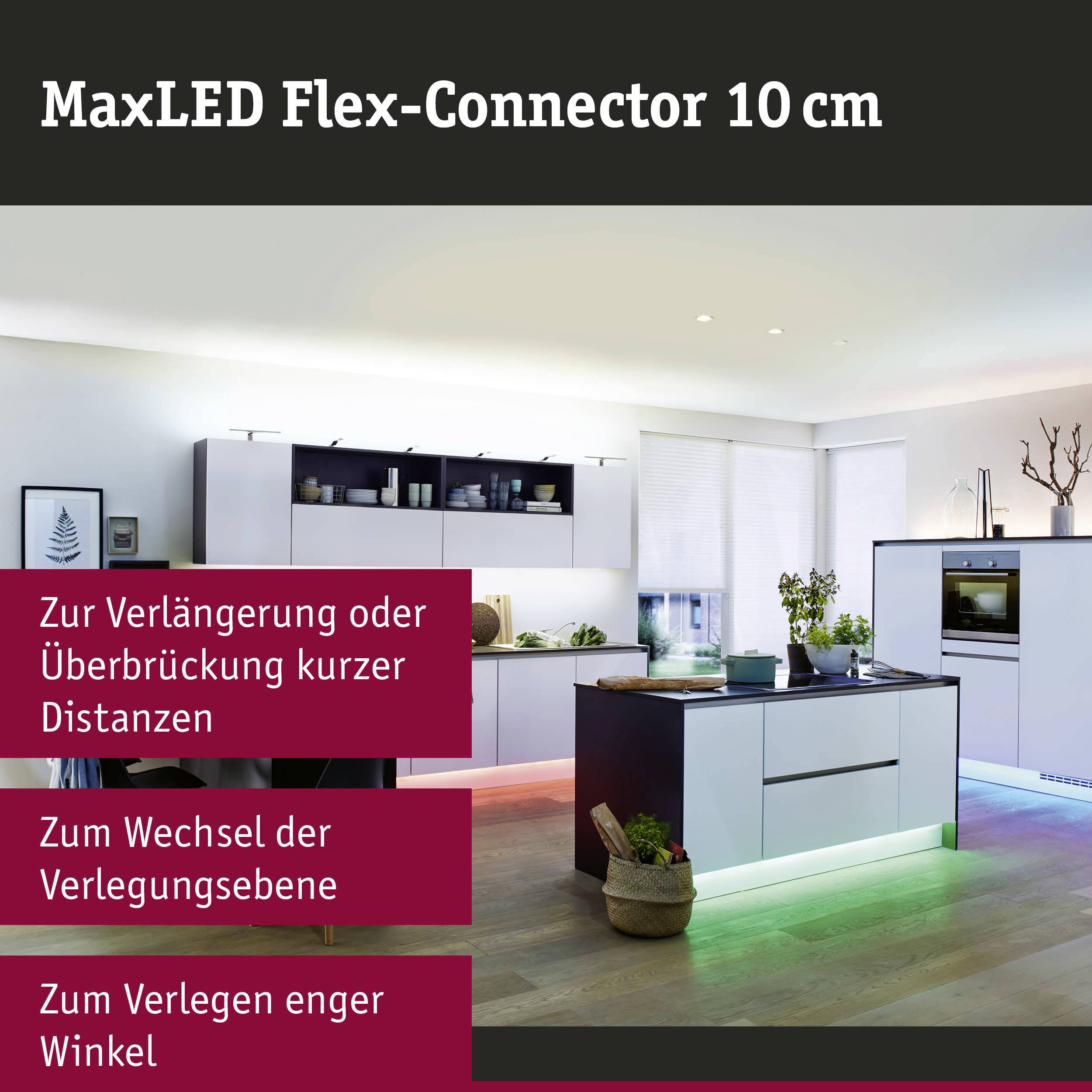 Moderne keukenruimte met LED-verlichting onder de keukenkastjes. Tekst bovenaan benadrukt de flexibiliteit van de MaxLED Flex-connector van 10 cm voor het overbruggen of wisselen van korte afstanden en bij krappe hoeken.