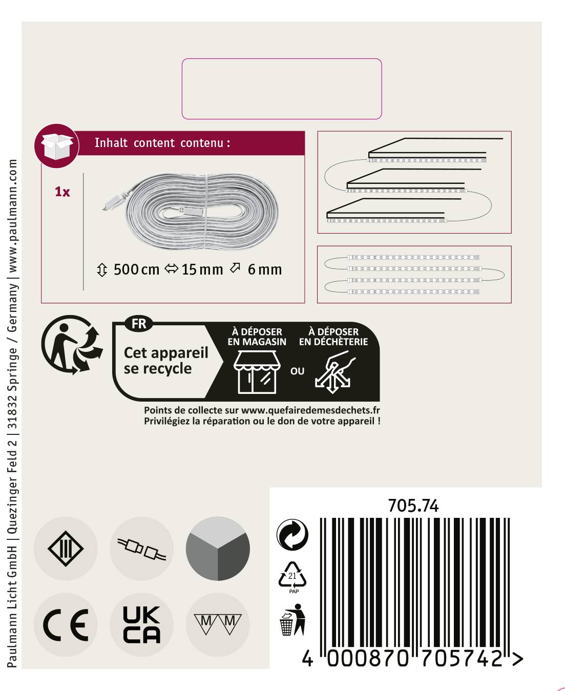 Verpakkingsetiket met productinformatie: LED-lichtslang, 500 cm lang, 15 mm diameter, 6 mm hoogte. Recycling-aanwijzing.