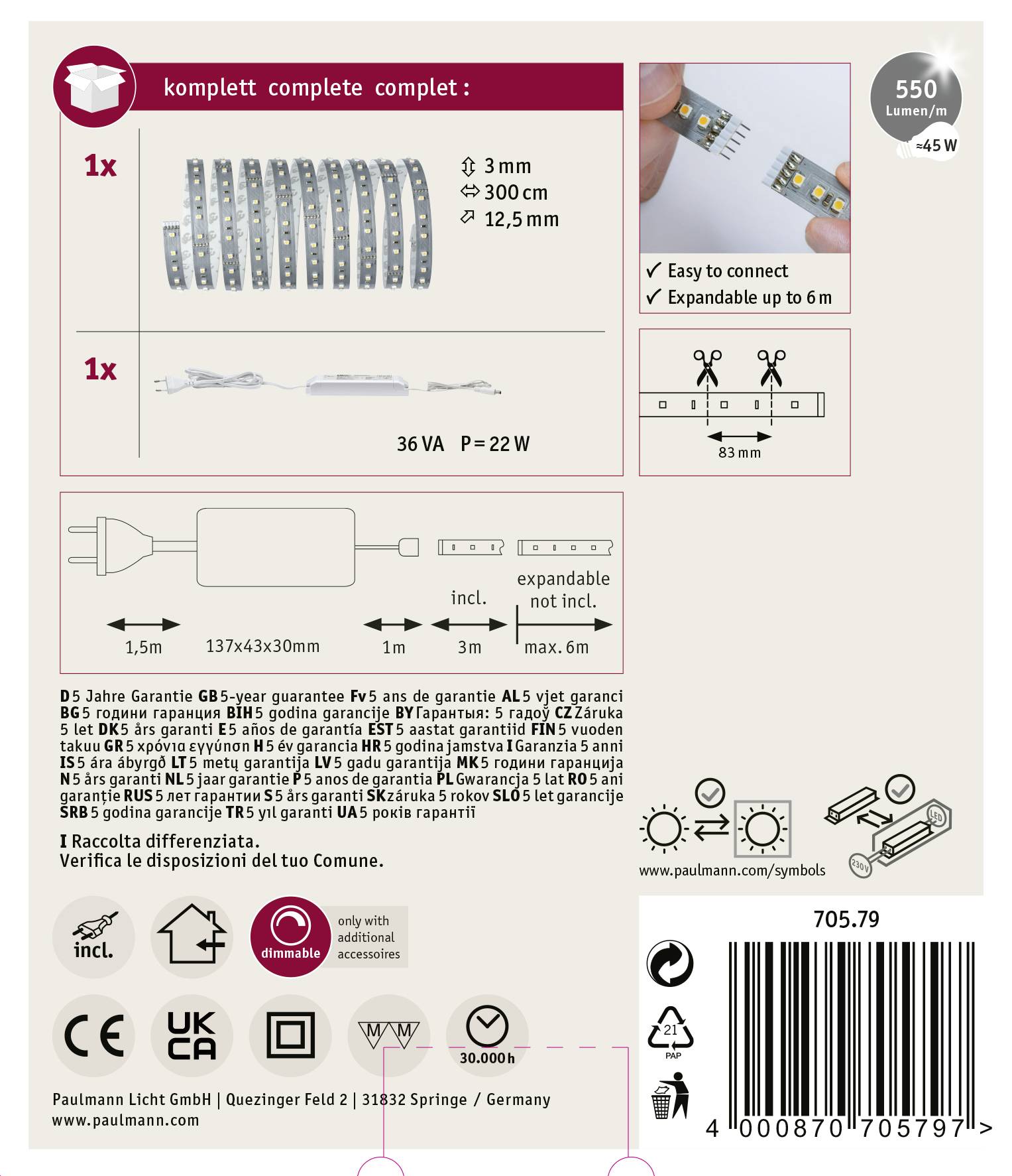 'LED Strip Set', incl. 1x LED Strip (3m), Transformator, Aansluitkabel, Verbinder. Uitbreidbaar tot 6m. Lichtopbrengst: 550 Lumen, 22W.