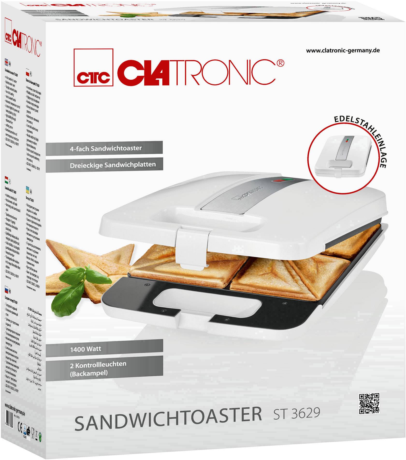 Verpakking van een Clatronic tosti-ijzer Model ST 3629. Toont het apparaat met afgewerkte tosti's en benadrukt kenmerken zoals 1400 Watt.