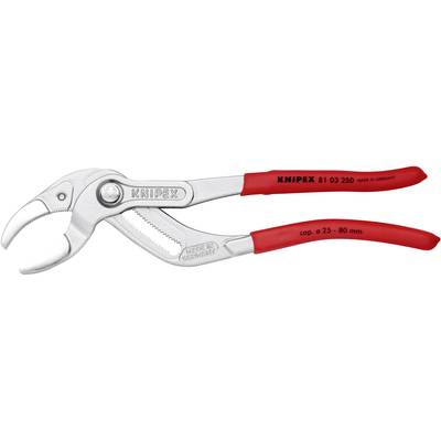Een rode pijptang met het opschrift 'Knipex'. Geschikt voor spanwijdtes van 0,25 tot 80 mm. Schroefverbinding aan de kop zichtbaar.