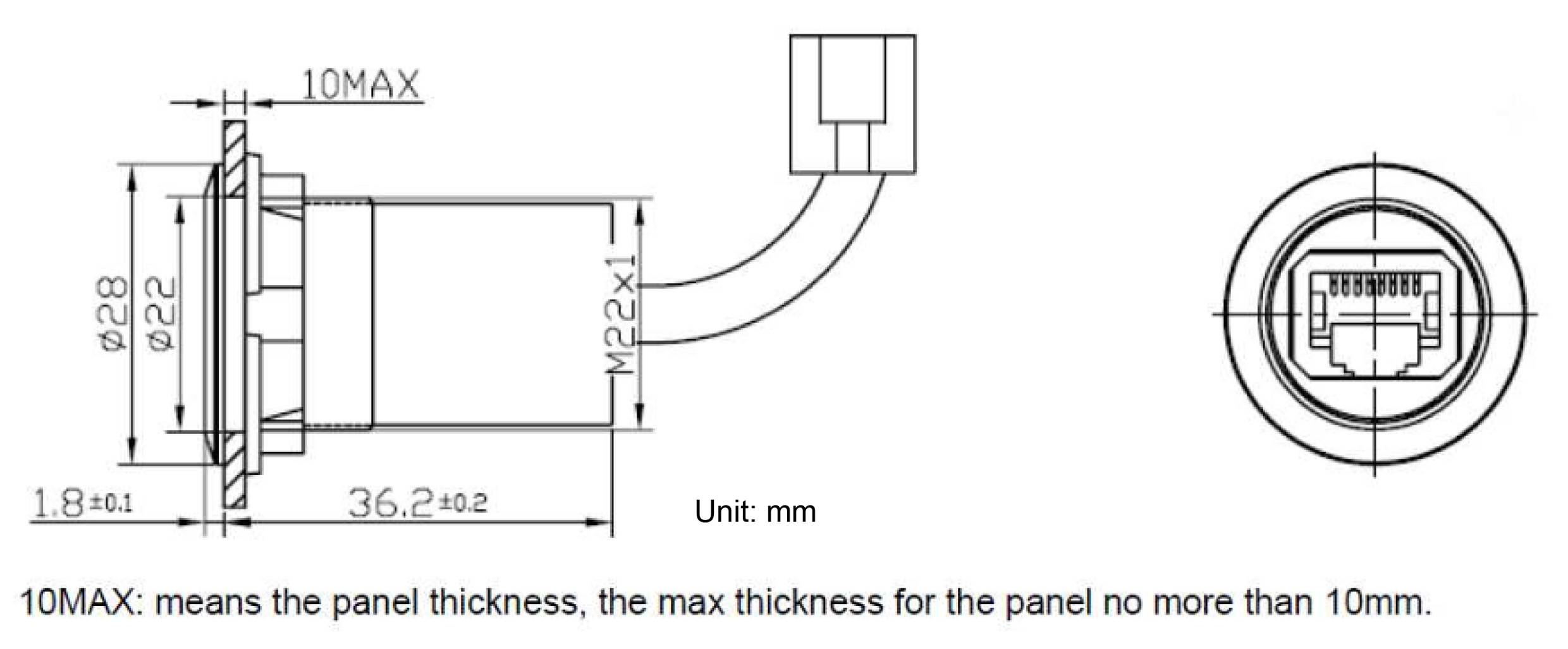 Technische tekening van een ronde stekker met kabel en afmetingsdetails. Maximale plaatdikte: 10 mm. Maateenheid: mm.