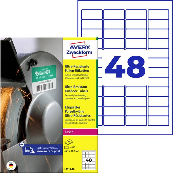 Avery-Zweckform L7911-10 Folie-etiketten 45.7 x 21.1 mm Polyethyleen folie Wit 480 stuk(s) Permanent hechtend Laser (kleur), Laser (zwart/wit), Kopiëren (kleur), Kopiëren (zwart/wit), Handschriften