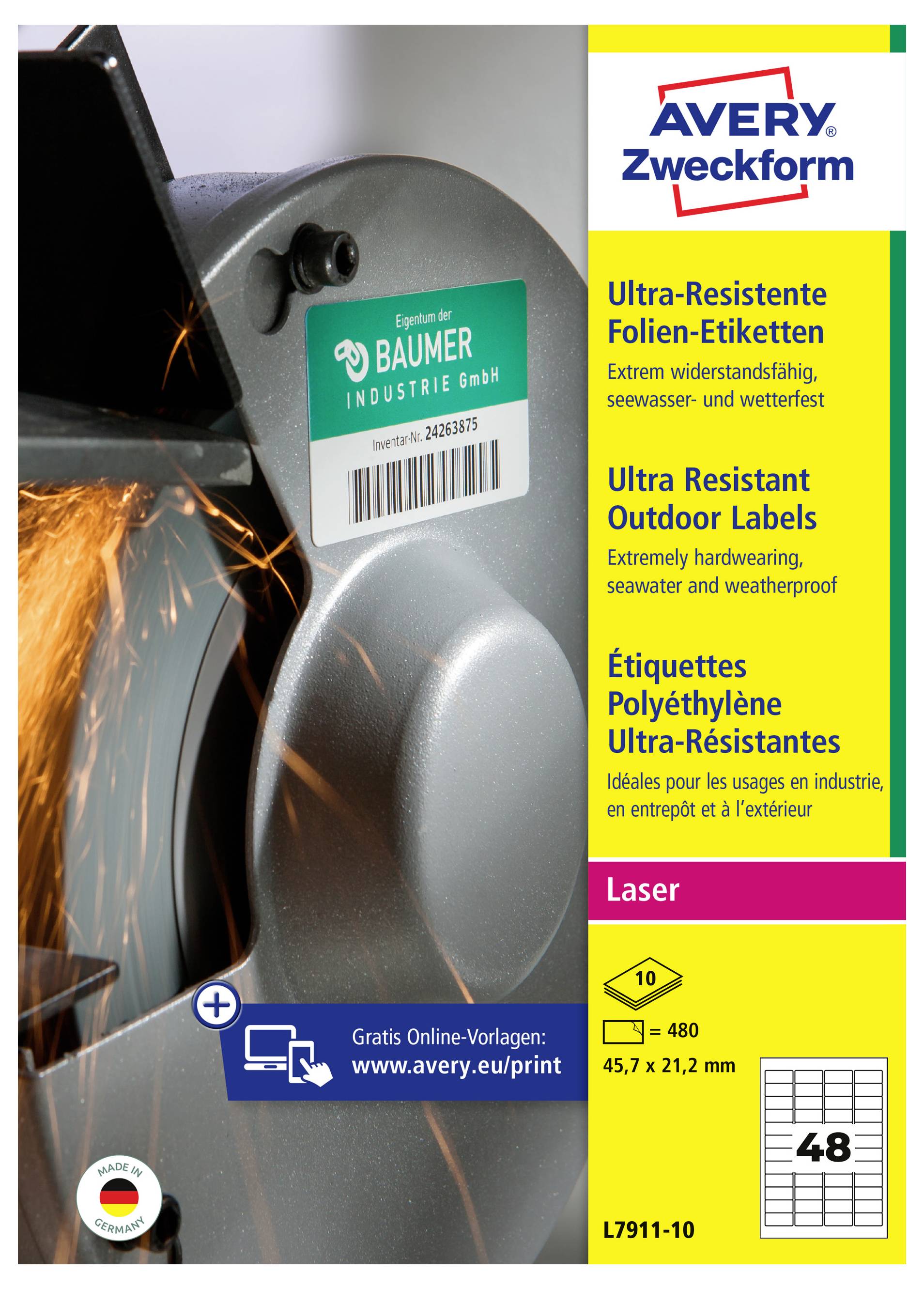 Avery Zweckform 'Ultra-Resistant Outdoor Labels' verpakking met een label op metalen apparatuur met vonken, waarbij duurzame laserprint-labels worden gemarkeerd.