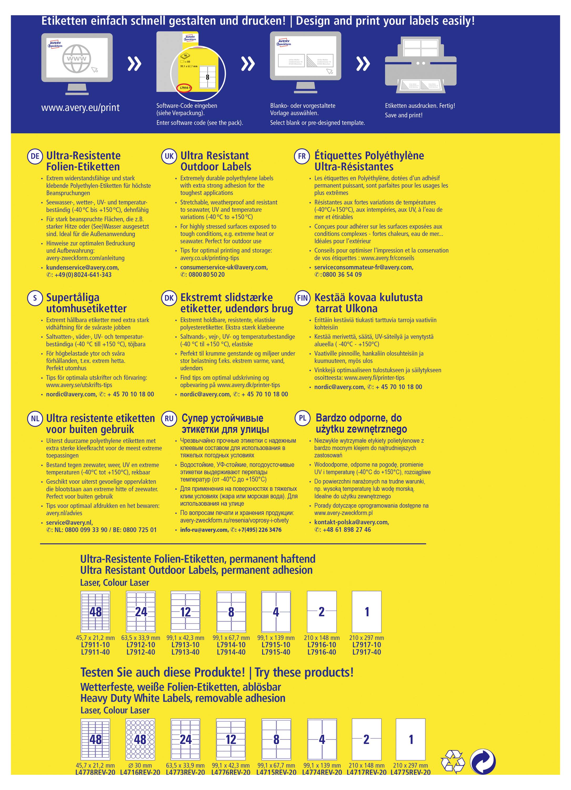 Poster met advertentie voor duurzame bedrukte etiketten, met waterdichte, zelfklevende en aanpasbare etiketopties met pictogrammen en productformaattabellen.