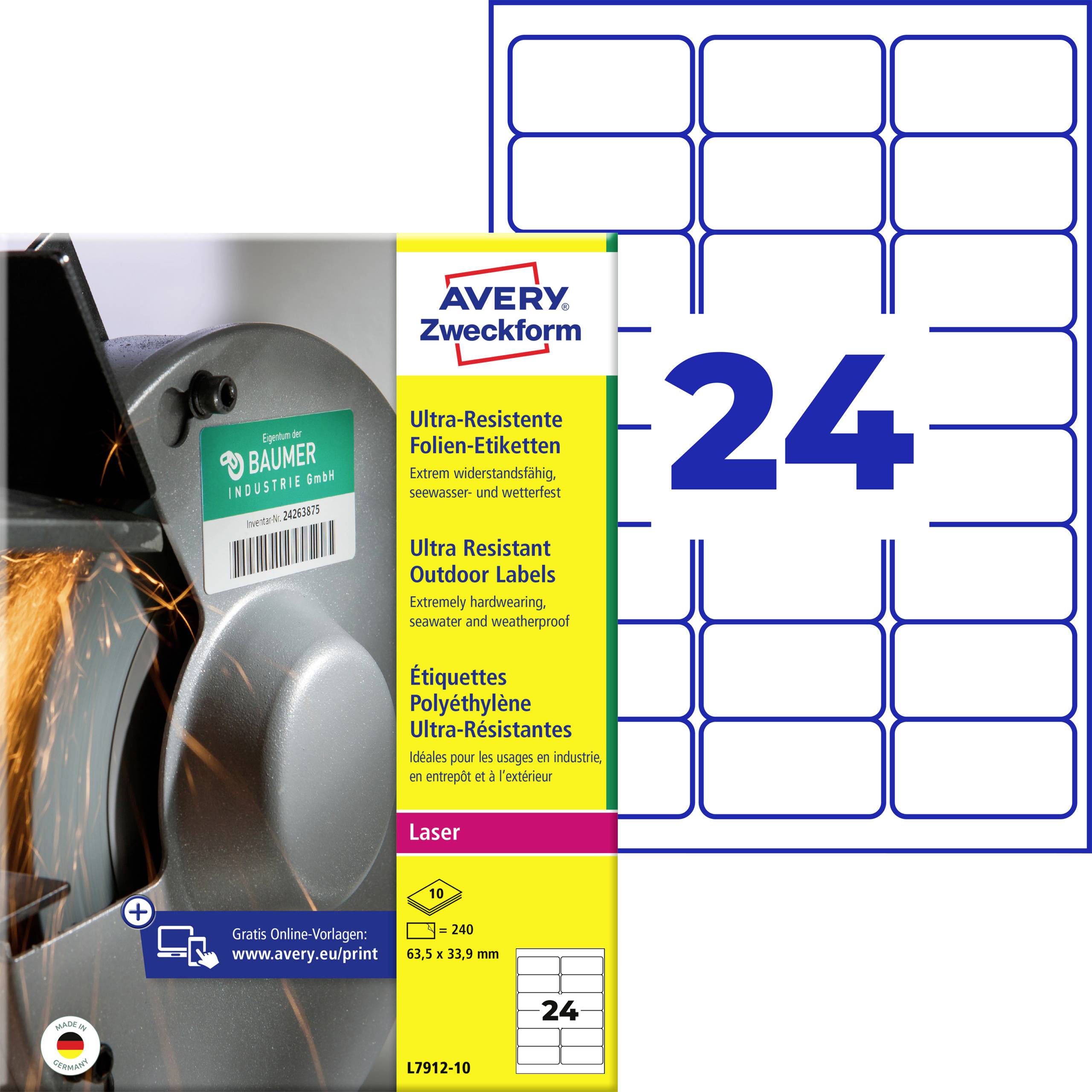 Avery-Zweckform L7912-10 Folie-etiketten 63.5 x 33.9 mm Polyethyleen folie Wit 240 stuk(s) Permanent hechtend Laser (kleur), Laser (zwart/wit), Kopiëren
