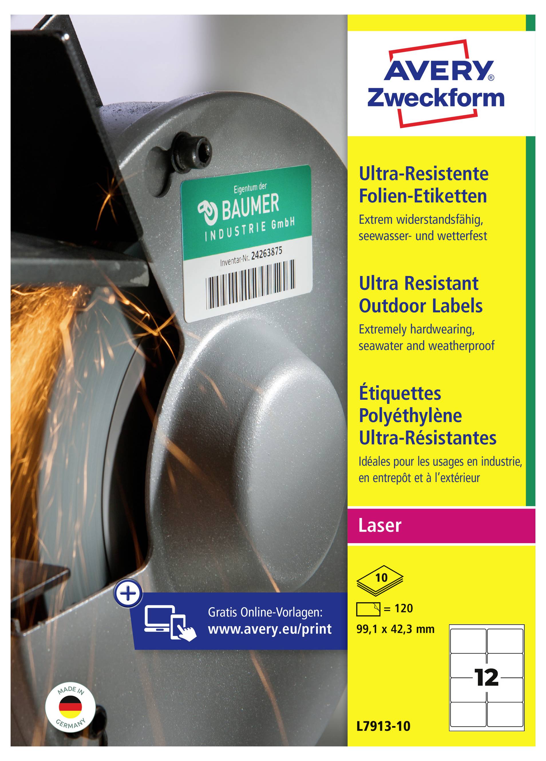 Avery Zweckform 'Ultra-Resistent' laserlabels weergegeven op een metalen industrieel onderdeel met vonken, wat het duurzame outdoor-, weerbestendig labelen benadrukt.