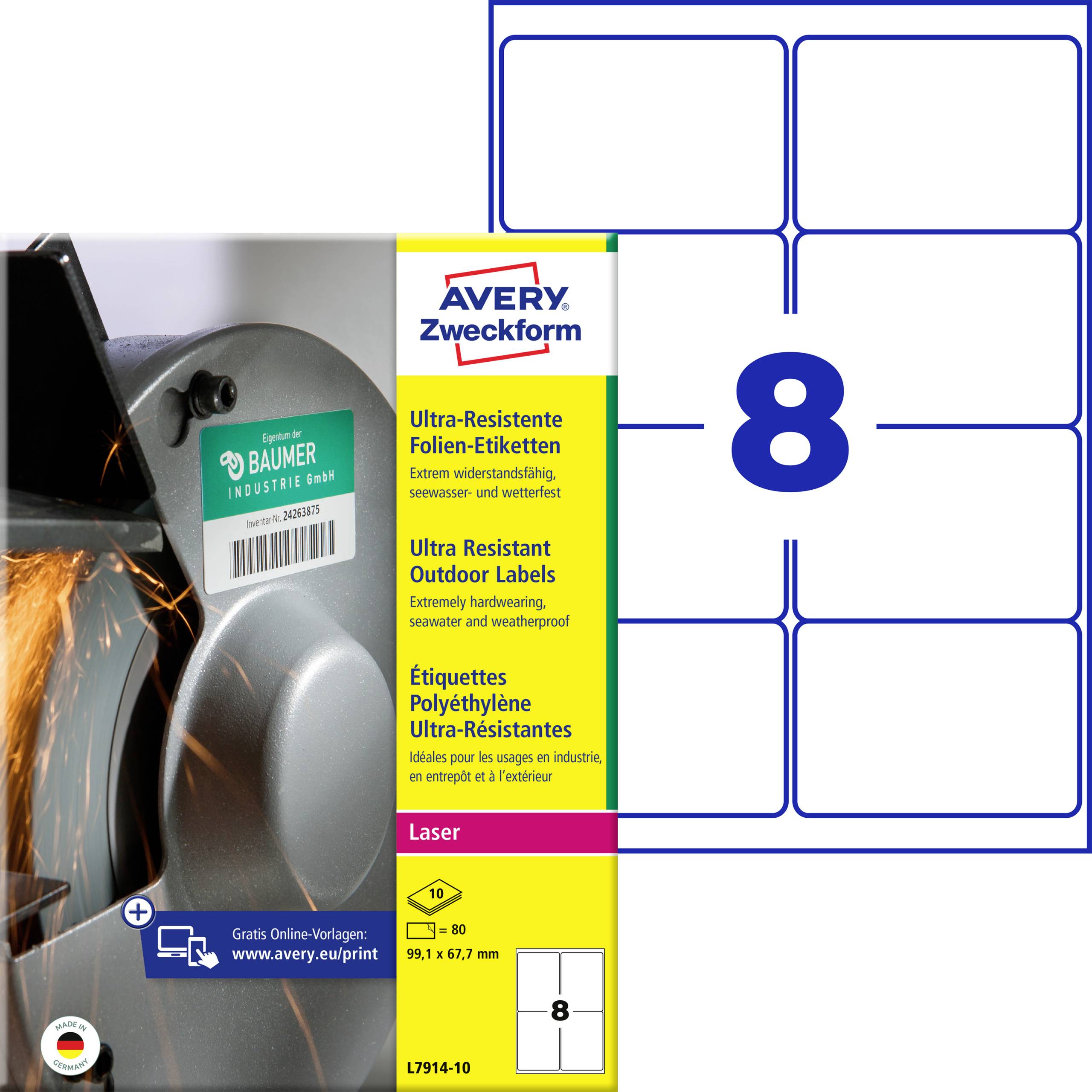 'Avery Zweckform' ultra-resistente folie-etiketten voor laser, 105x148 mm, 8 etiketten per vel, voorbeeld: zware machine.