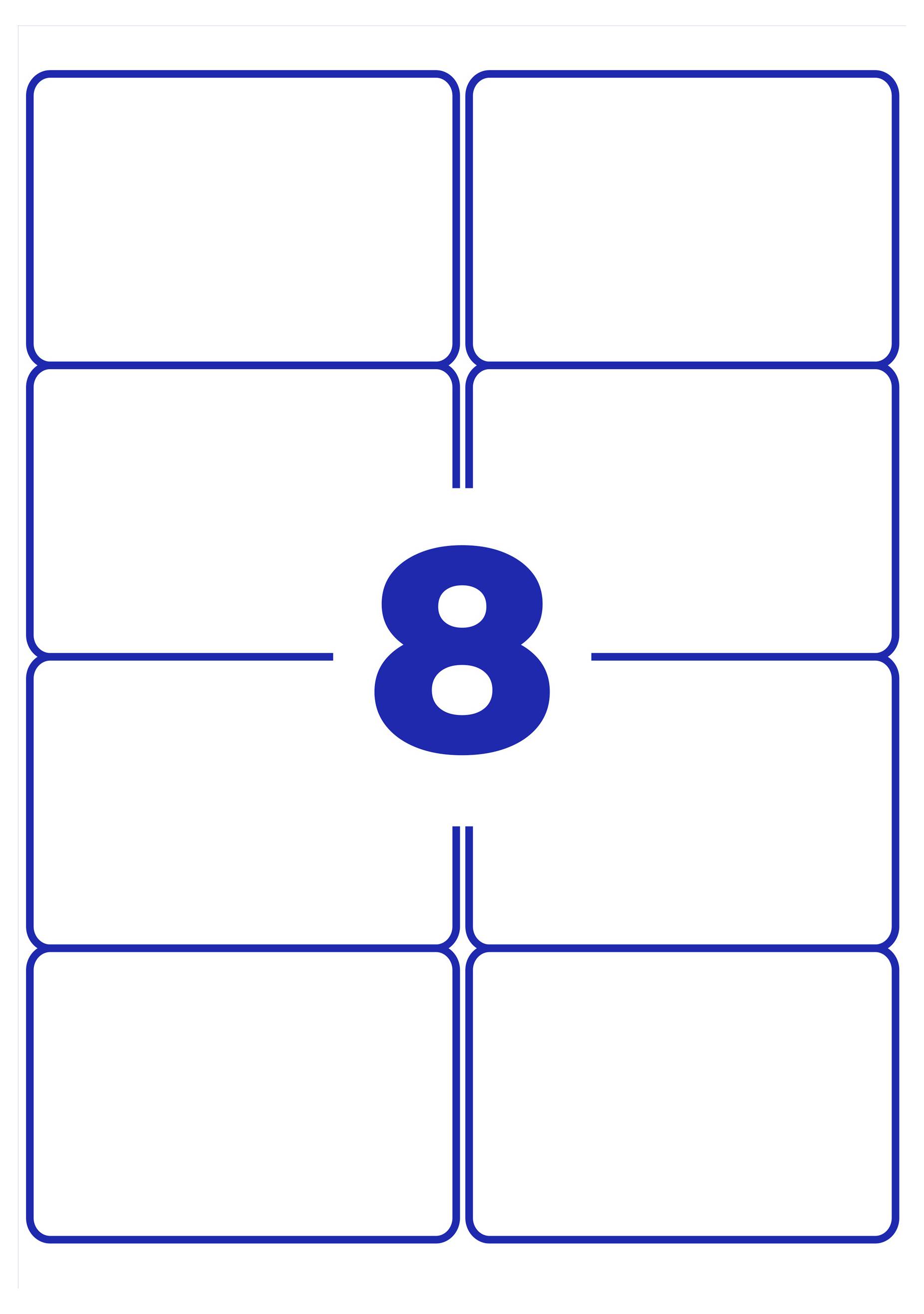 Blauw getal '8' in het midden van een sjabloon met zes lege, afgeronde rechthoekige velden op witte achtergrond.