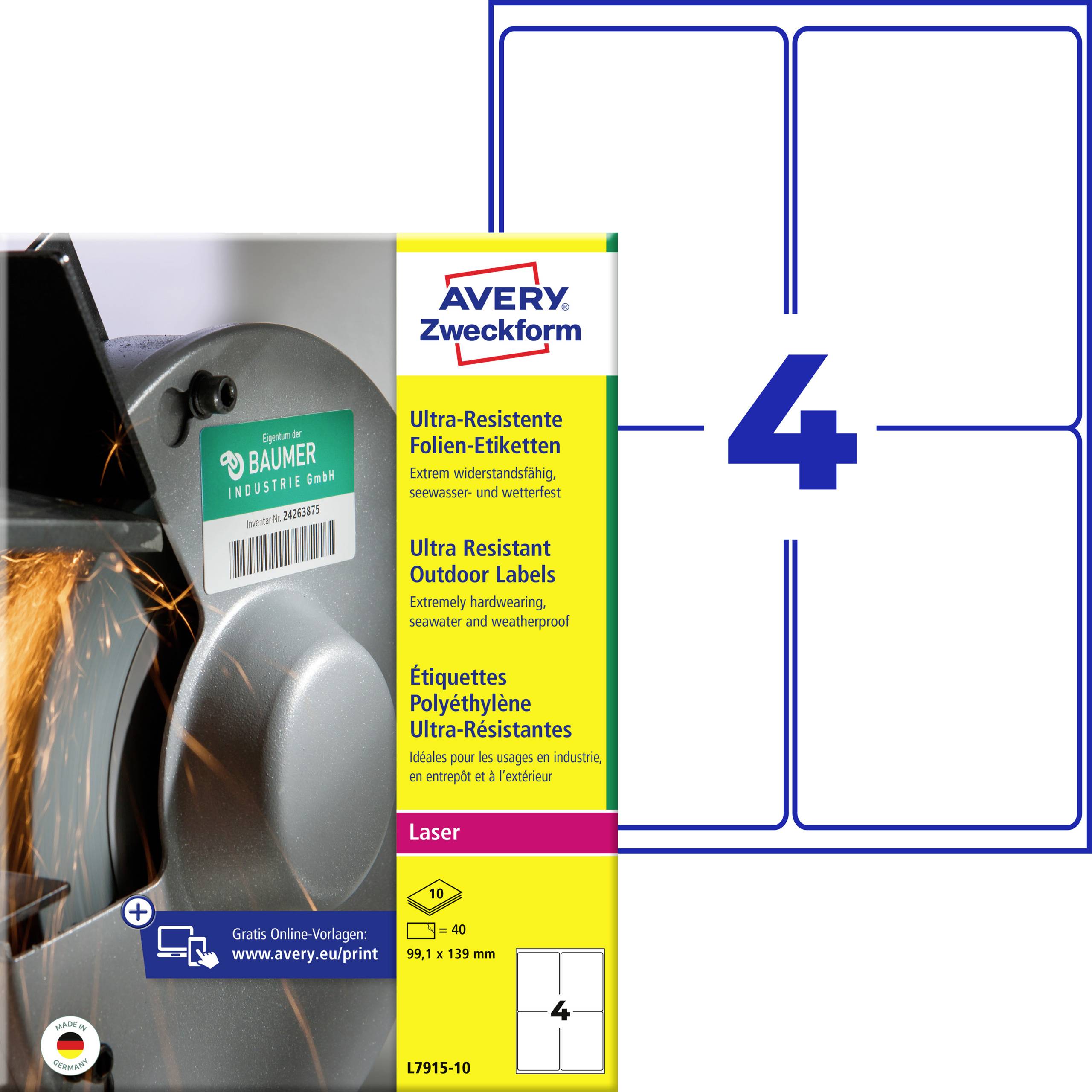'Avery Zweckform Ultra-Resistente Folie-Etiketten voor Laserprinters, formaat 99,1 x 139 mm, vier etiketten per vel.'