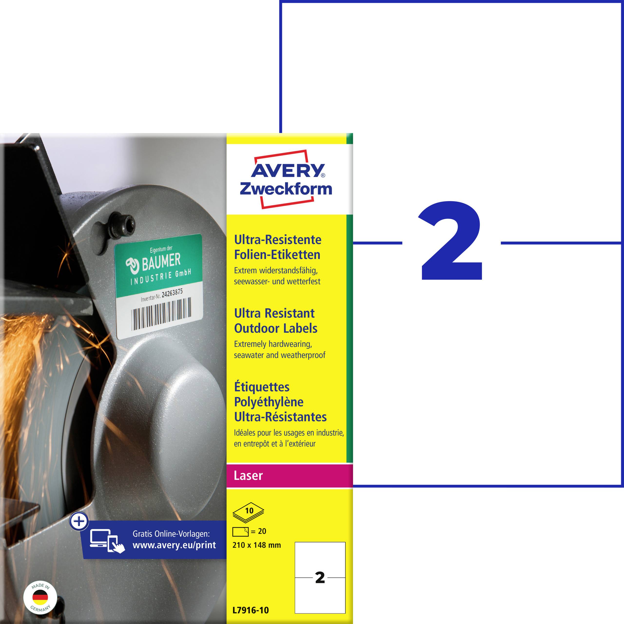 Avery Zweckform Ultra-Resistente Outdoor Labels verpakking met afmeting 210 x 148 mm, 20 vellen, met een groot '2' dat stap of hoeveelheid aangeeft.