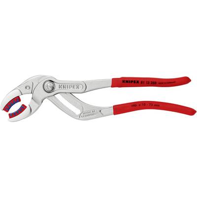 Waterpomptang met rode handgreep, verstelbare grootte van 10-75 mm, productnaam 'Knipex' op de handgreep gedrukt.