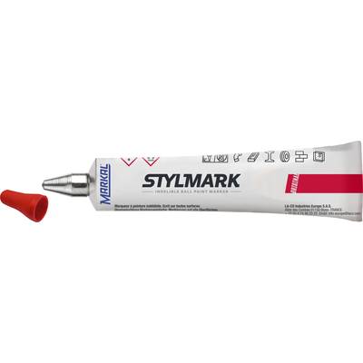 Een witte markeerstift van Markal genaamd 'Stylmark' met een rode dop, geschikt voor gladde oppervlakken.