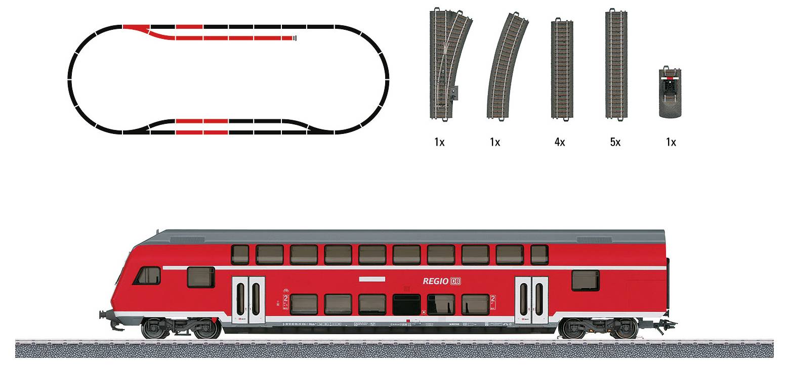 Een rode modeltreinen 'REGO 180' op een spoor. Bovenaan verschillende spoordelen en een controller afgebeeld. Ook een sporenplan is te zien.