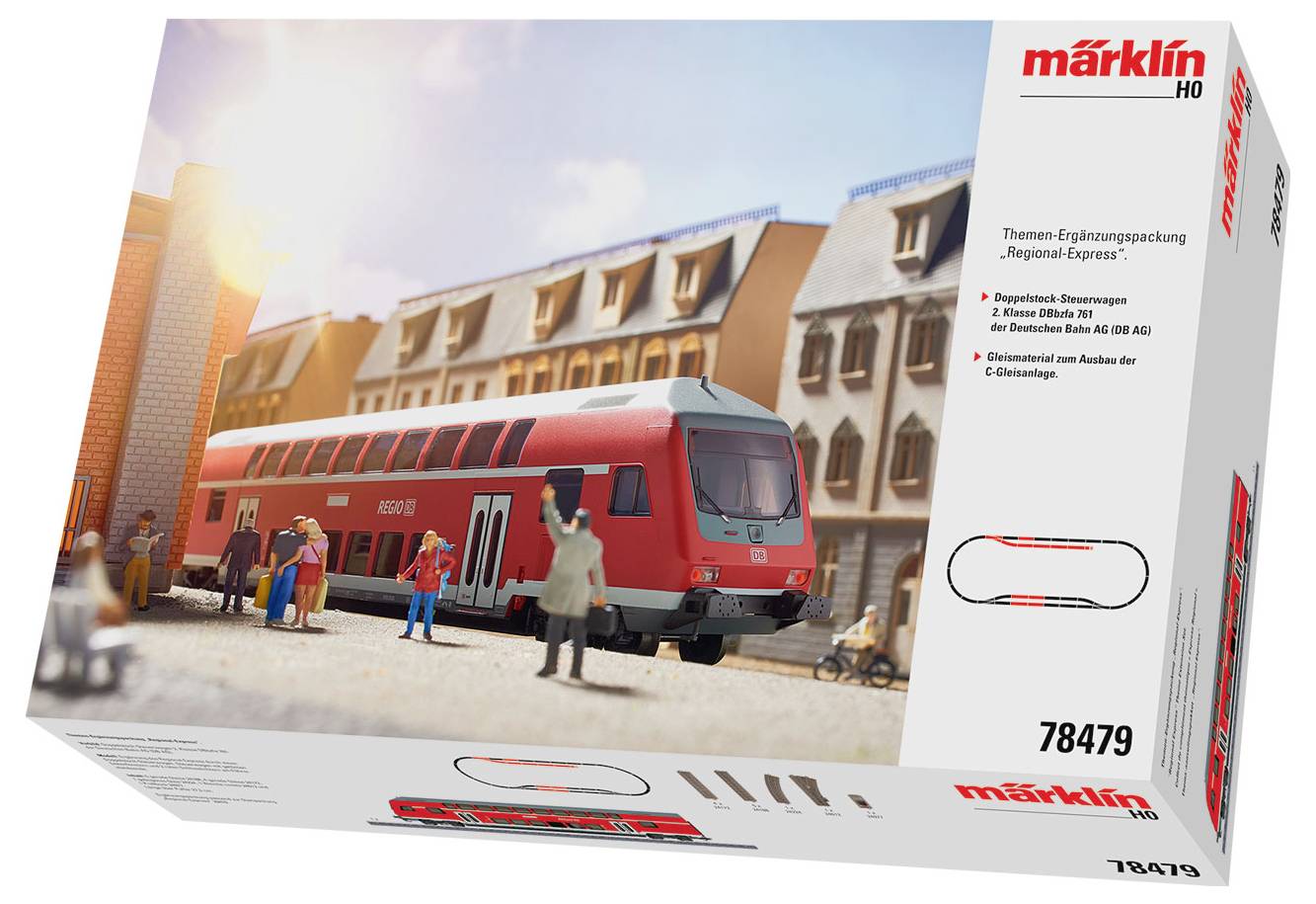 Een modelspoorbaan-verpakking toont een rode dubbeldekstrein voor gebouwen. Bevat model 'Regionaal-Express' en toebehoren.