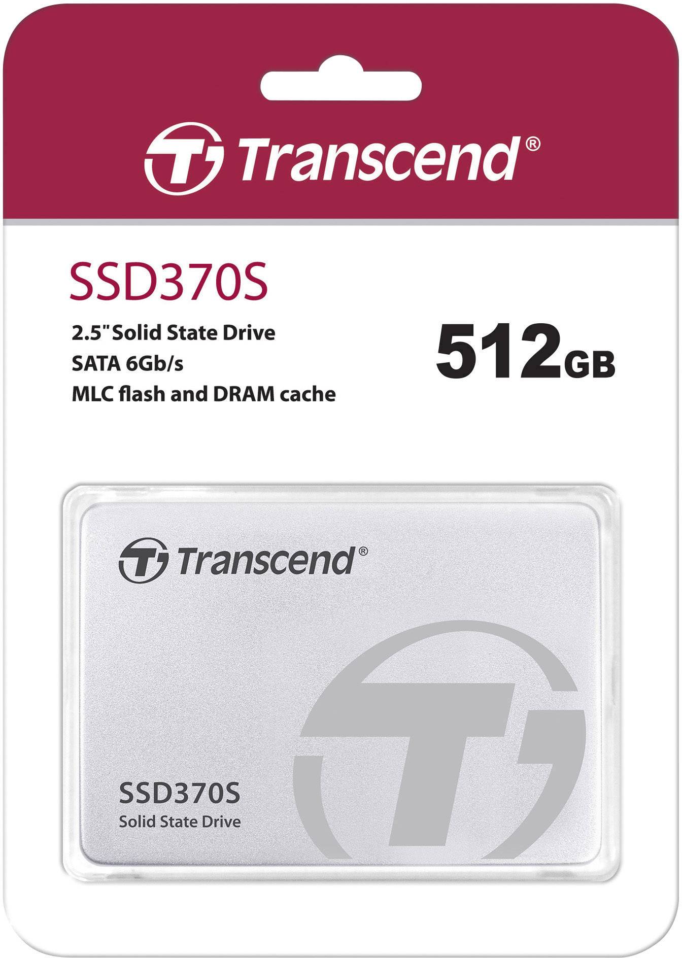 Verpakking van een 512GB Transcend SSD370S 2,5" Solid State Drive, SATA 6Gb/s, MLC-Flash en DRAM-cache.