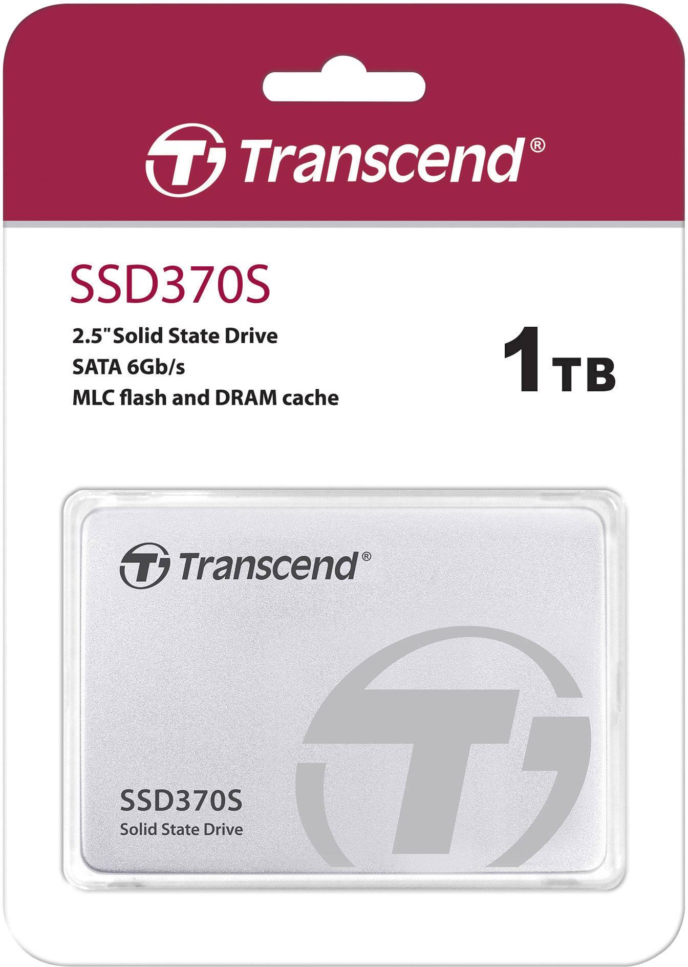 'Transcend SSD370S' in verpakking, 2,5" Solid State Drive, 1 TB capaciteit, SATA 6Gb/s, met MLC-flash en DRAM-cache.