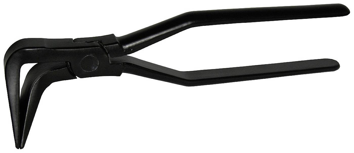 Zwarte tang met gebogen bekken, geschikt voor precies grijpen en vasthouden van kleine objecten.