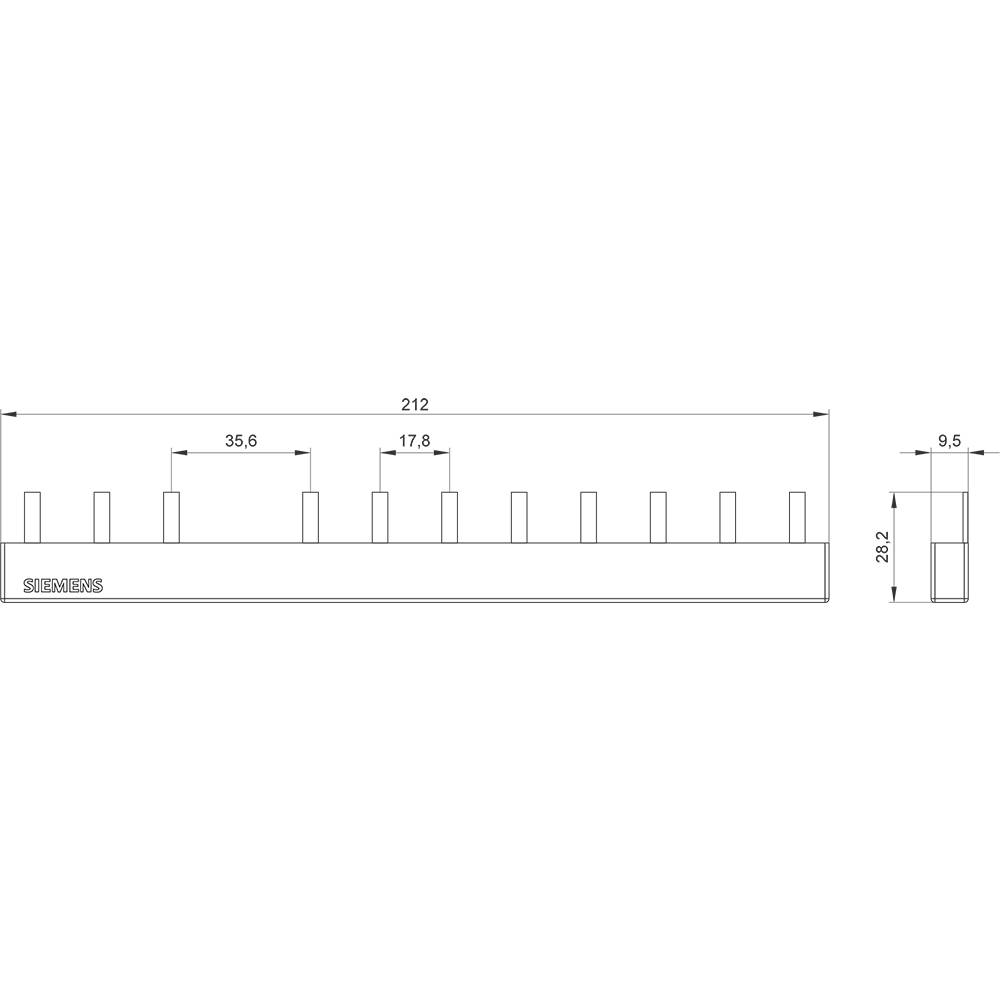 Tekening van een Siemens-kammenbrug met afmetingen: Lengte 212 mm, Hoogte 28,2 mm, en Breedte 9,5 mm. Tandbreedtes 35,6 mm en 17,8 mm.