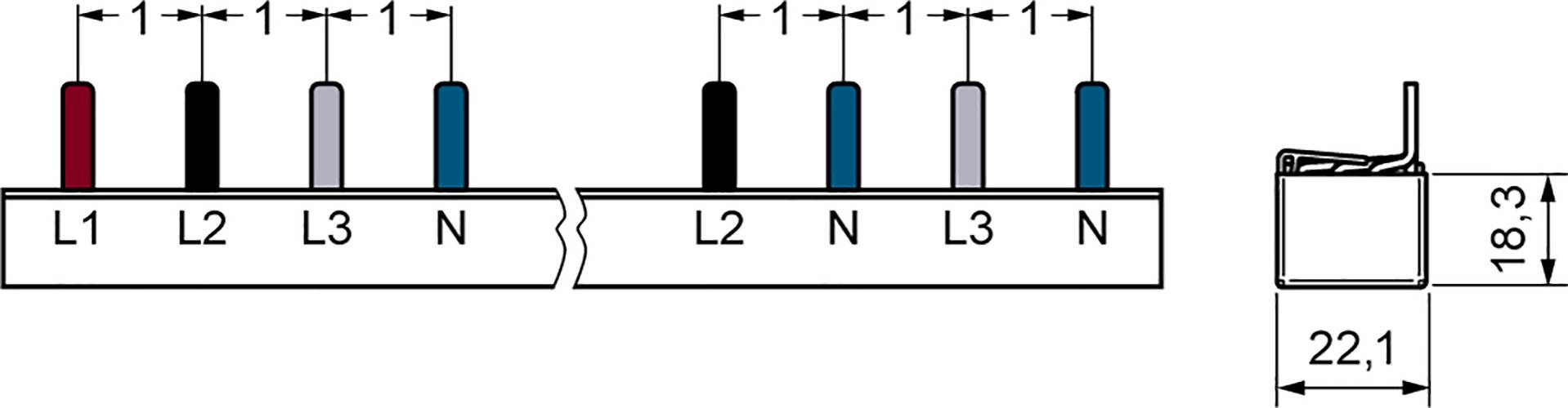 Diagram toont elektrische draadaansluitingen L1, L2, L3 en N. Links zes gekleurde draden, rechts doorsnede met afmetingen 18,3 mm en 22,1 mm.