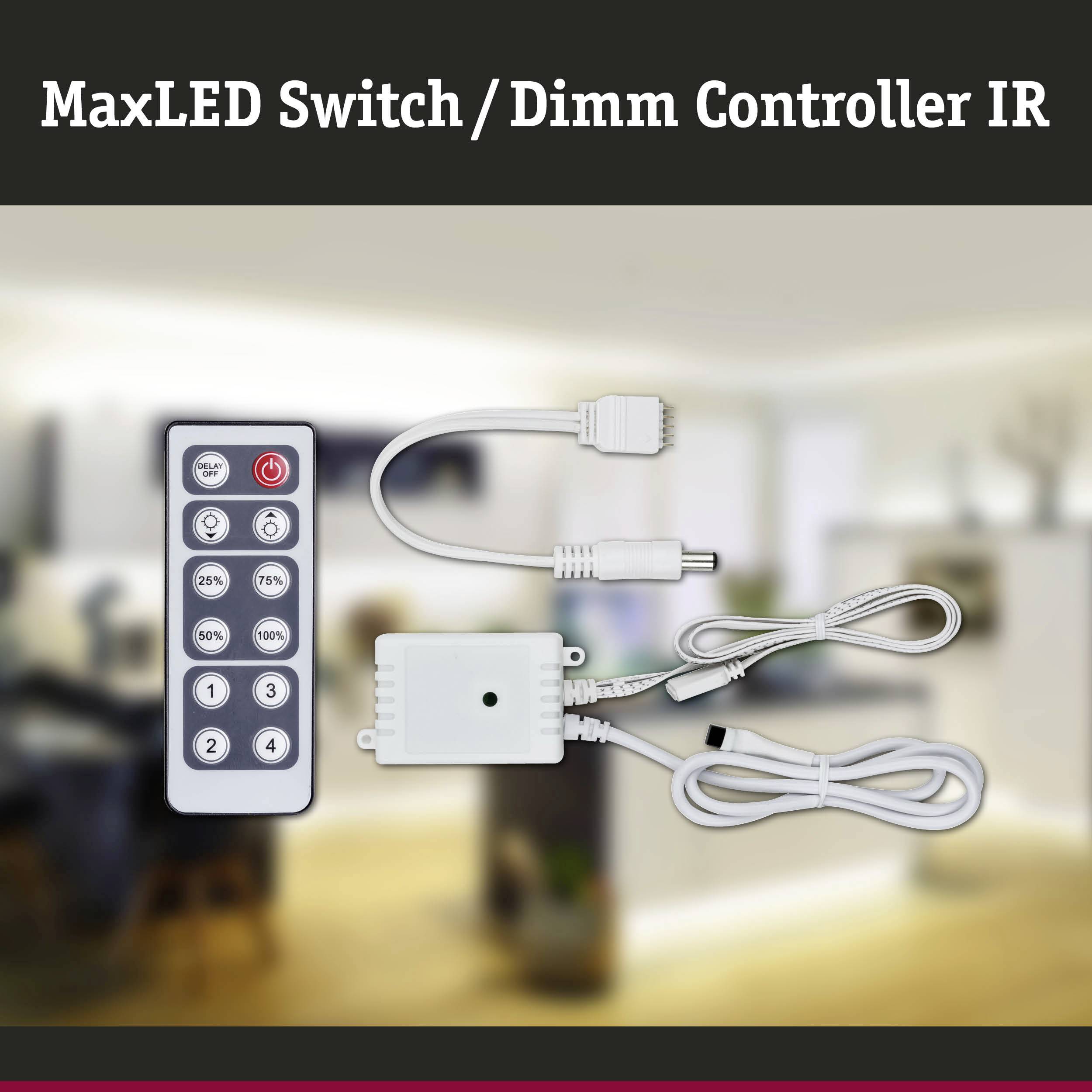 Een afstandsbediening en dimmer-controller-set voor MaxLED-verlichting op een wazig achtergrond in een woonruimte.