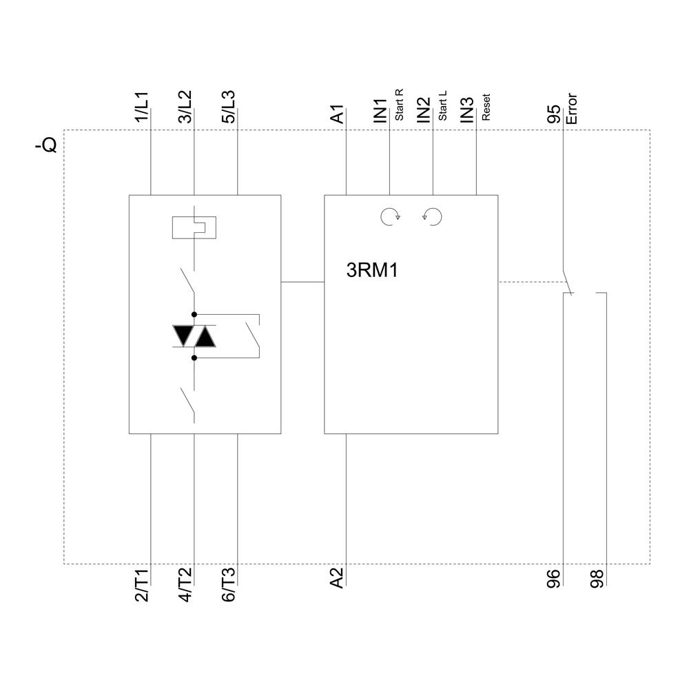 'Veiligheidsschakeling met relaisschakeling. Links: schakelaar; rechts: relais 3RM1. Verbindingen zijn 1/L1, 3/L2, 5/L3 en meer.'