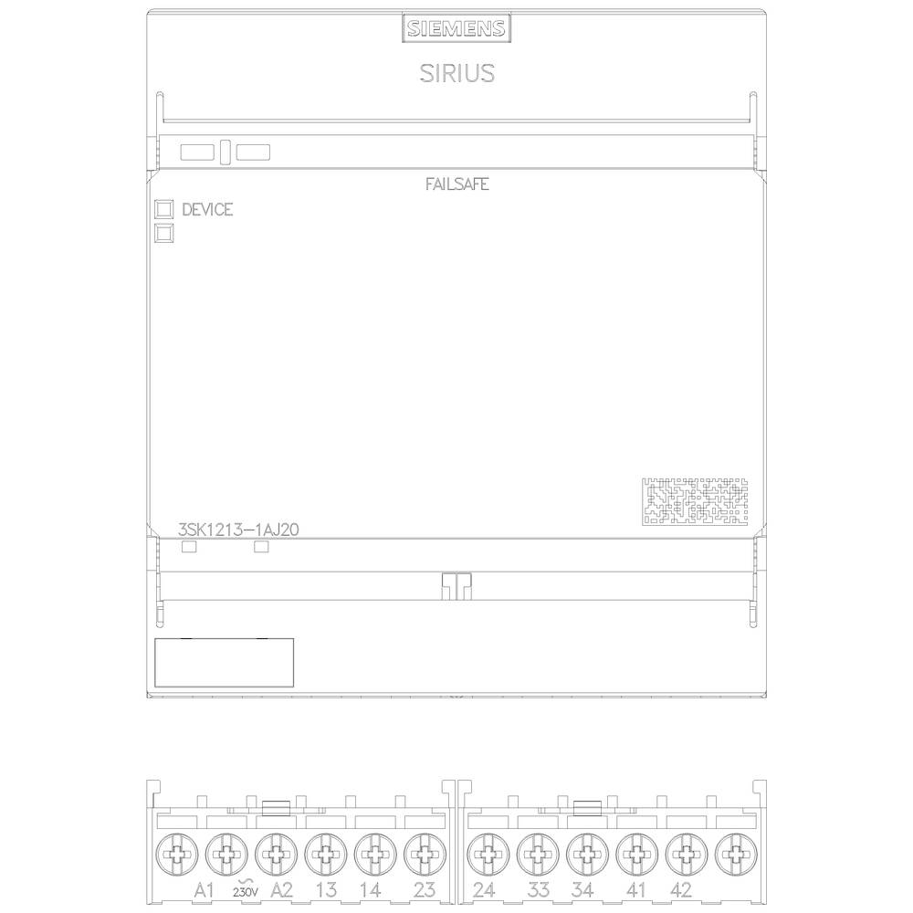 'Siemens SIRIUS schakeltoestel. Bevat aansluitingen en aanduidingen: DEVICE, FAILSAFE. Modelnummer: 3SK1213-1AJ20.'