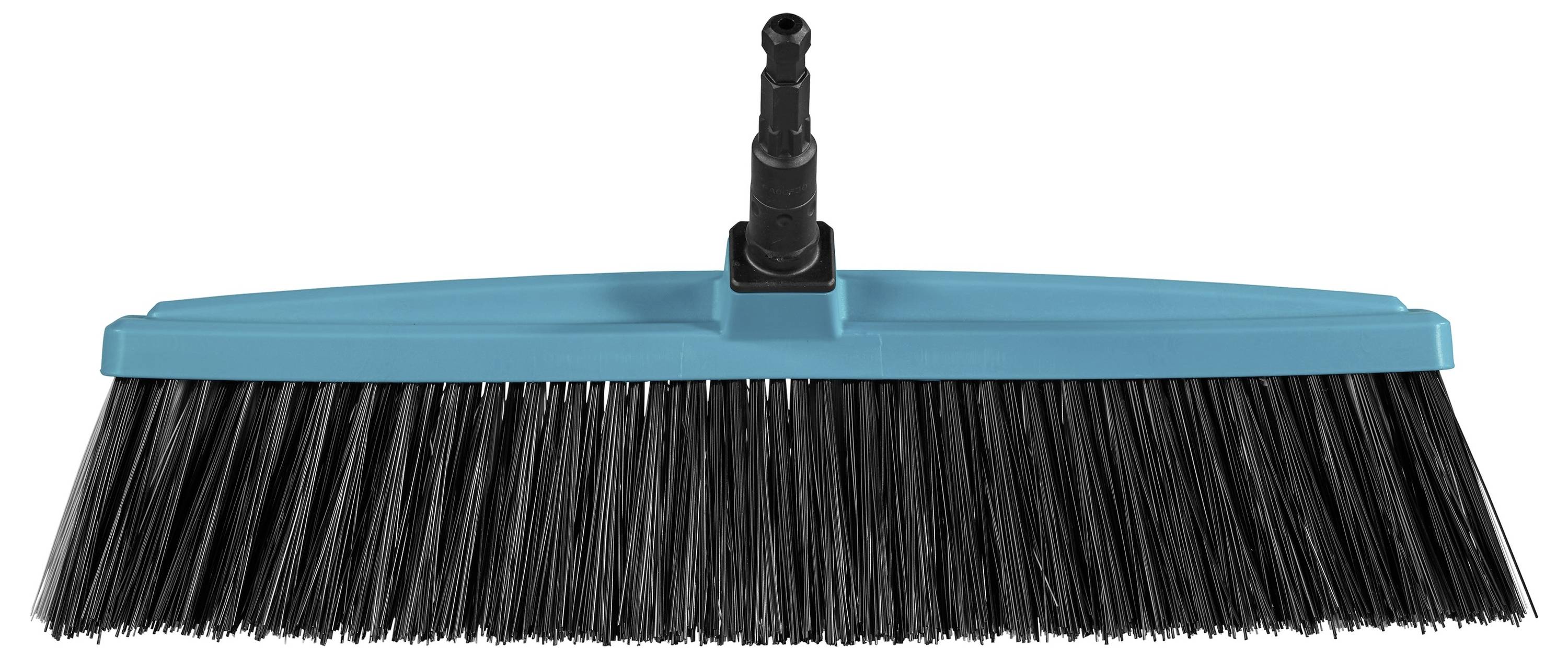 Een bezem met blauwe kunststof borstels en een plastic steel-adapter in het midden.