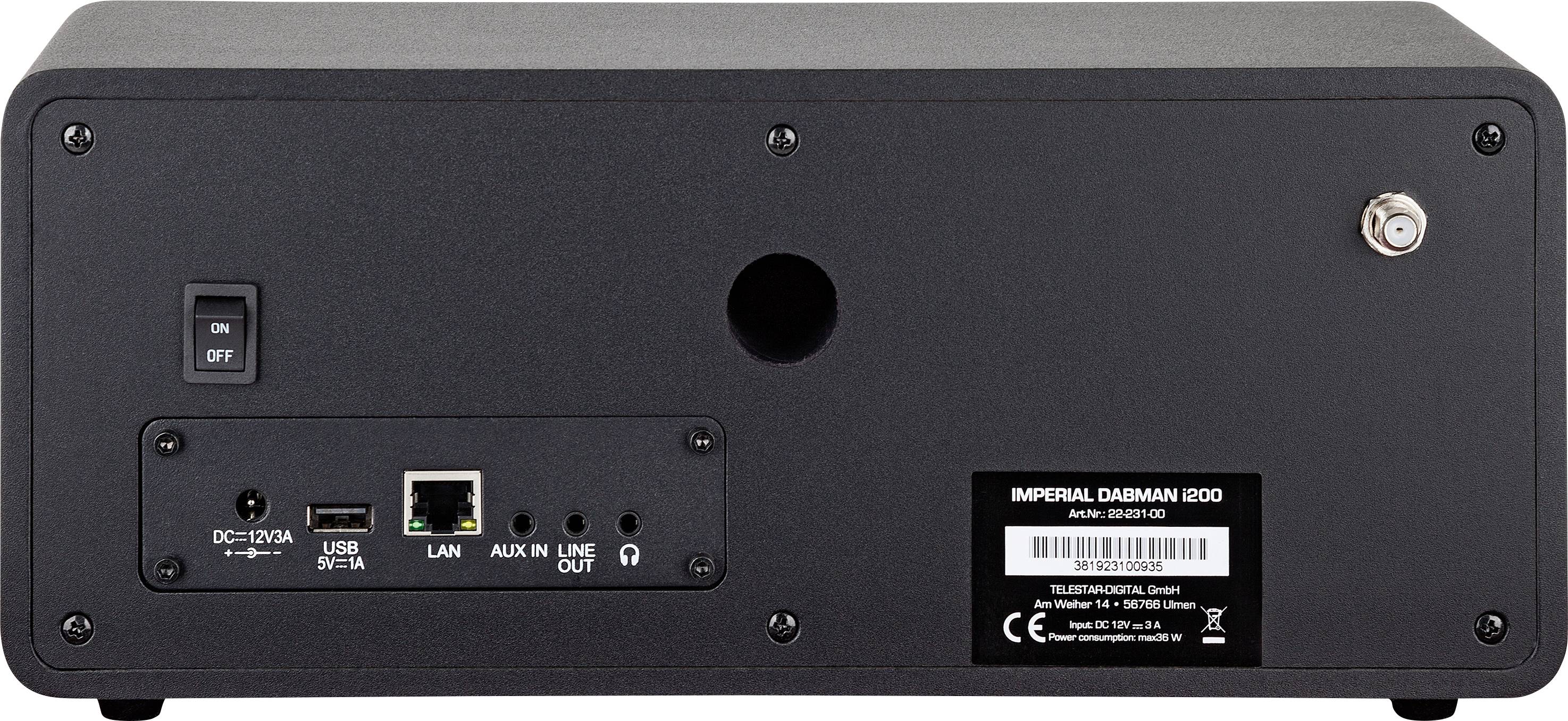 Achteraanzicht van een Imperial Dabman i200-apparaat met aansluitingen voor LAN, USB, AUX, Line Out, alsmede aan-/uitschakelaar en antenne-aansluiting.