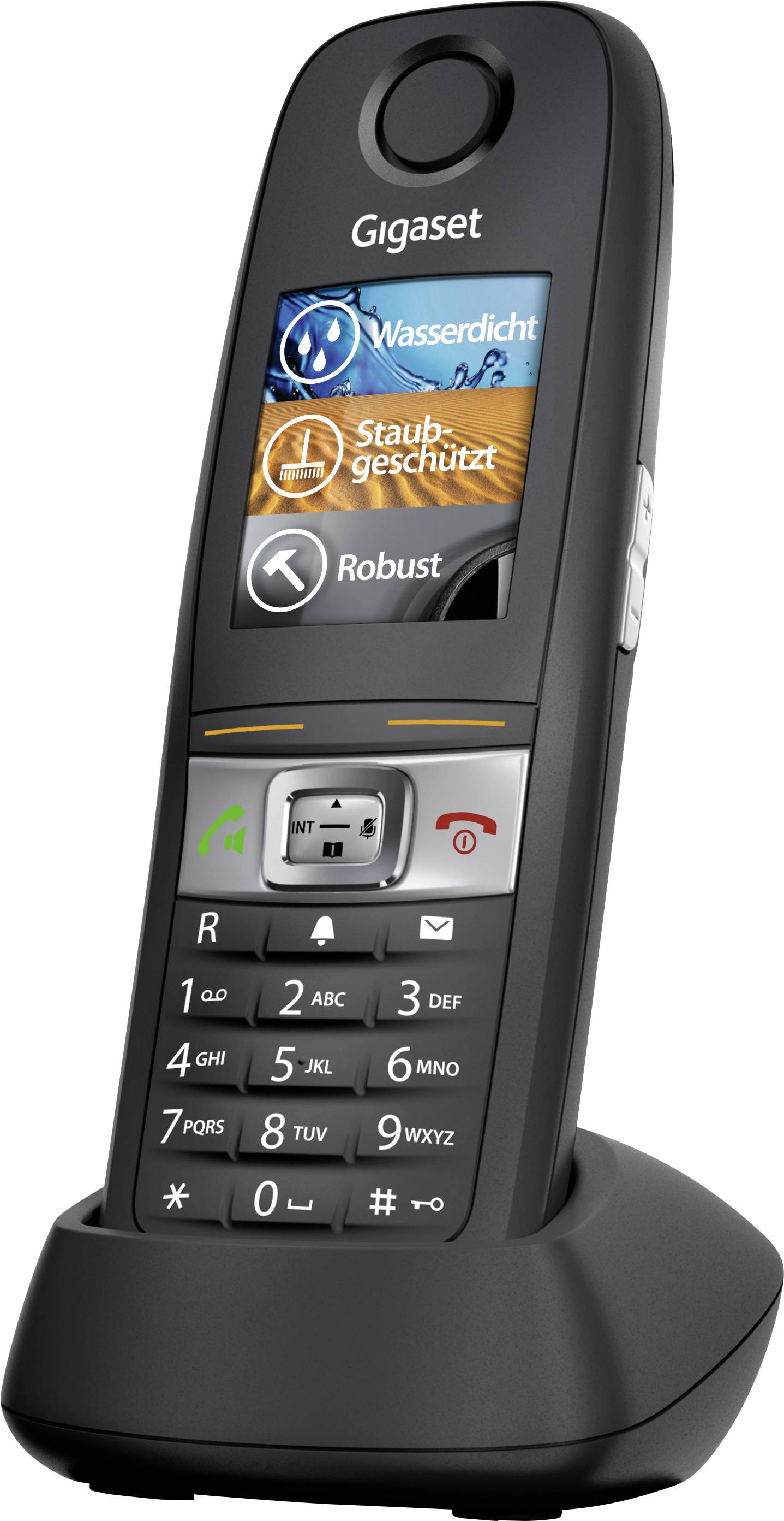 Draadloze zwarte telefoon van het merk Gigaset in een laadstation. Het display toont symbolen voor waterdichtheid en stofbestendigheid.