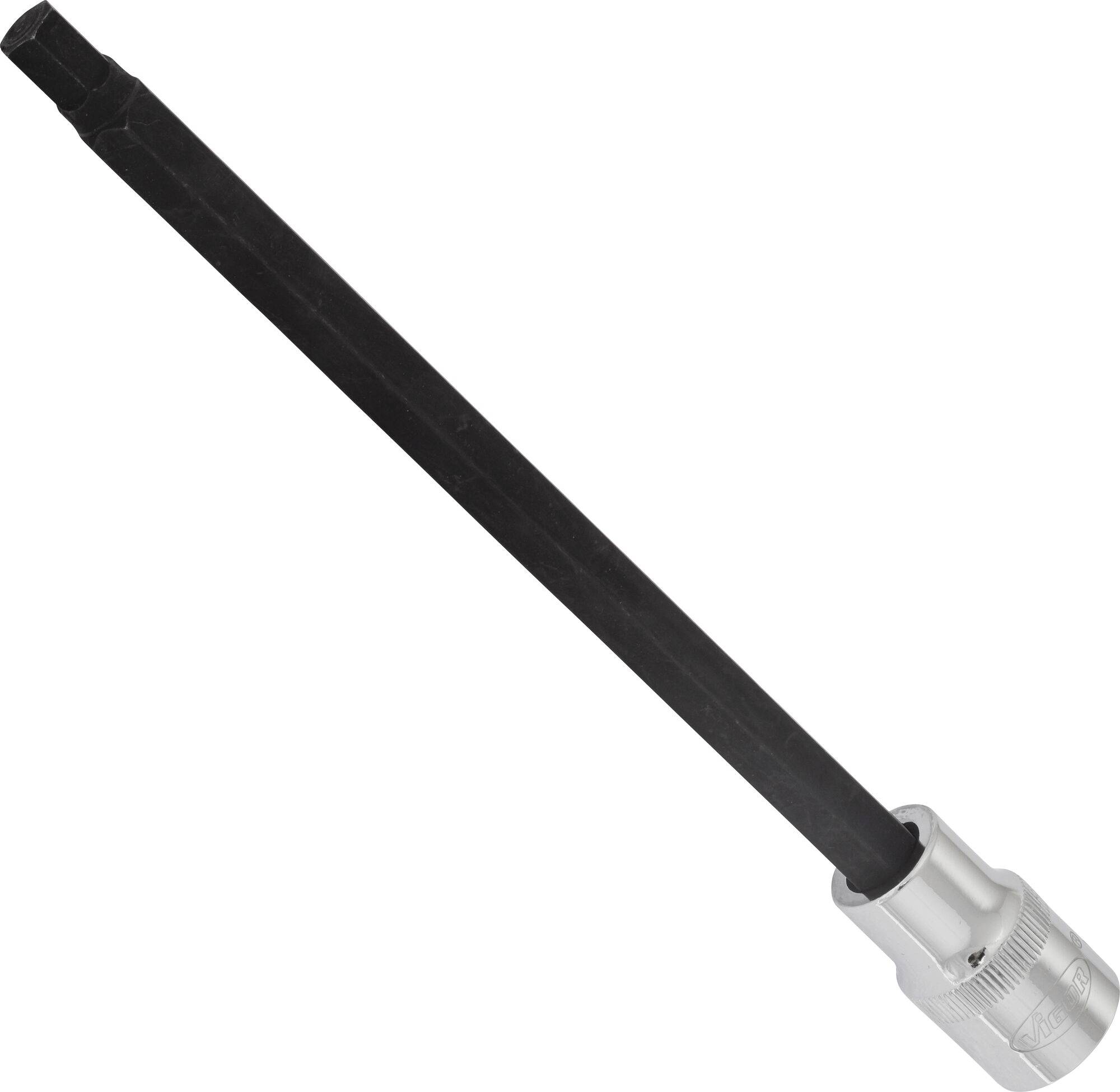 'Een lange zeskant-bit-adapter met zilveren aansluiting voor schroefwerkzaamheden.'