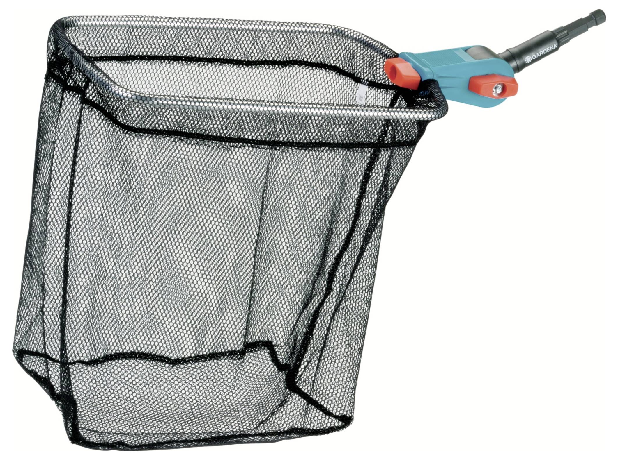 Een zwart net met een lange steel, geschikt voor het reinigen van zwembaden, is afgebeeld.